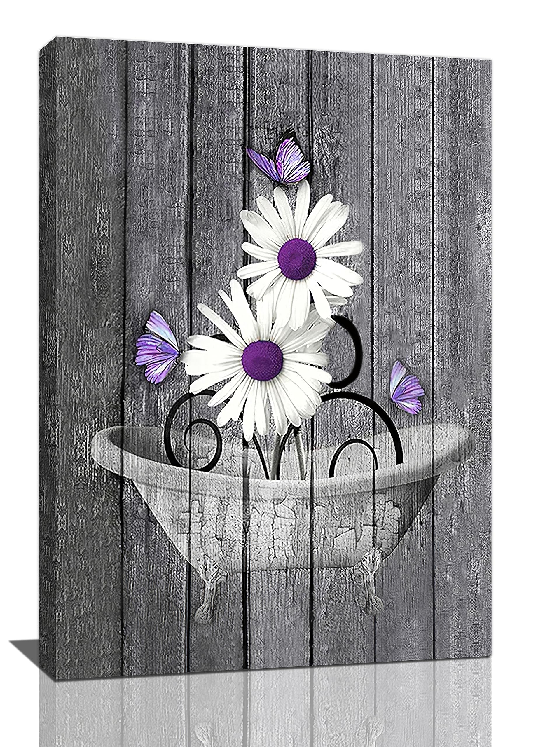 LMYSXAOZ Rustic Daisy Bathroom Decor Wall Art Farmhouse Purple Butterfly Bathtub Pictures Black And White Canvas Prints Framed Artwork Paintings Home Office Decorations For 16"x24"