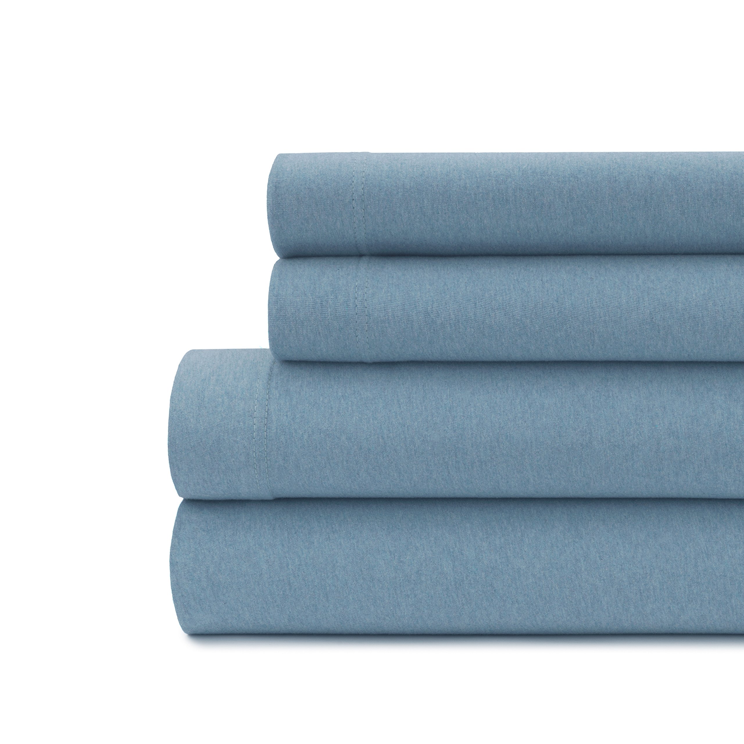 Briarwood Home Heather Jersey 100% Cotton 4 Piece Sheet Set with Deep Pockets for a, Breathable and Cozy T-Shirt Soft Sheets for Premium Comfort in All Seasons (Blue, Twin)
