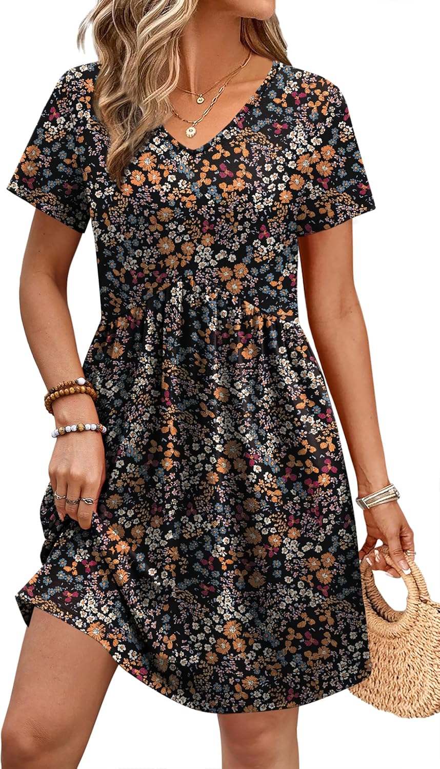 WIHOLL Dresses for Women 2026 Casual Summer V Neck Babydoll Dress Short Sleeve Fashion Beach Vacation Clothes - Image 4