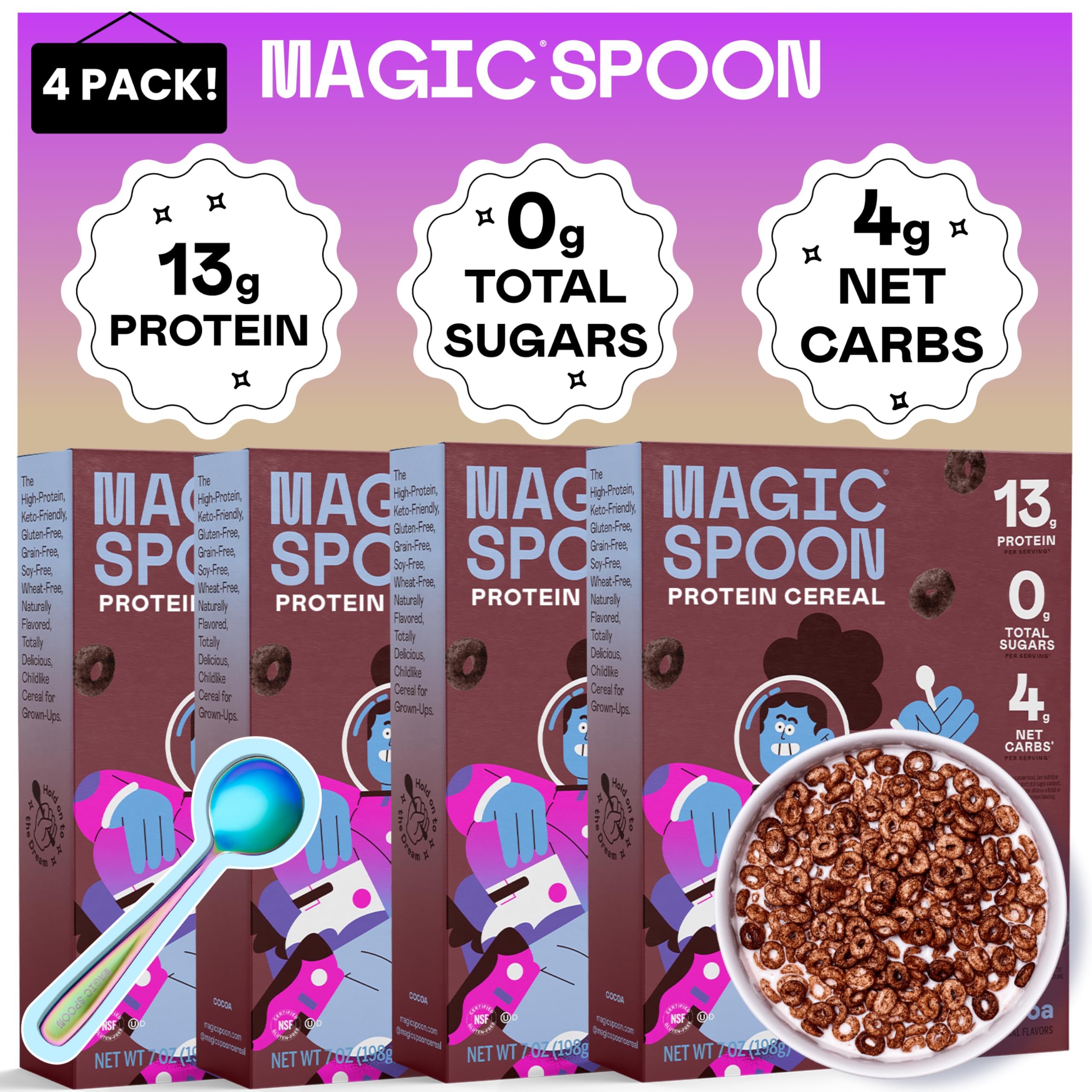 Magic Spoon High Protein Cereal with Exclusive Spoon - Sugar Free Snacks & Breakfast Food - Grain & Gluten Free Cereal - Healthy Snacks - Low Carb & Keto Friendly - 4 Pack, Cocoa