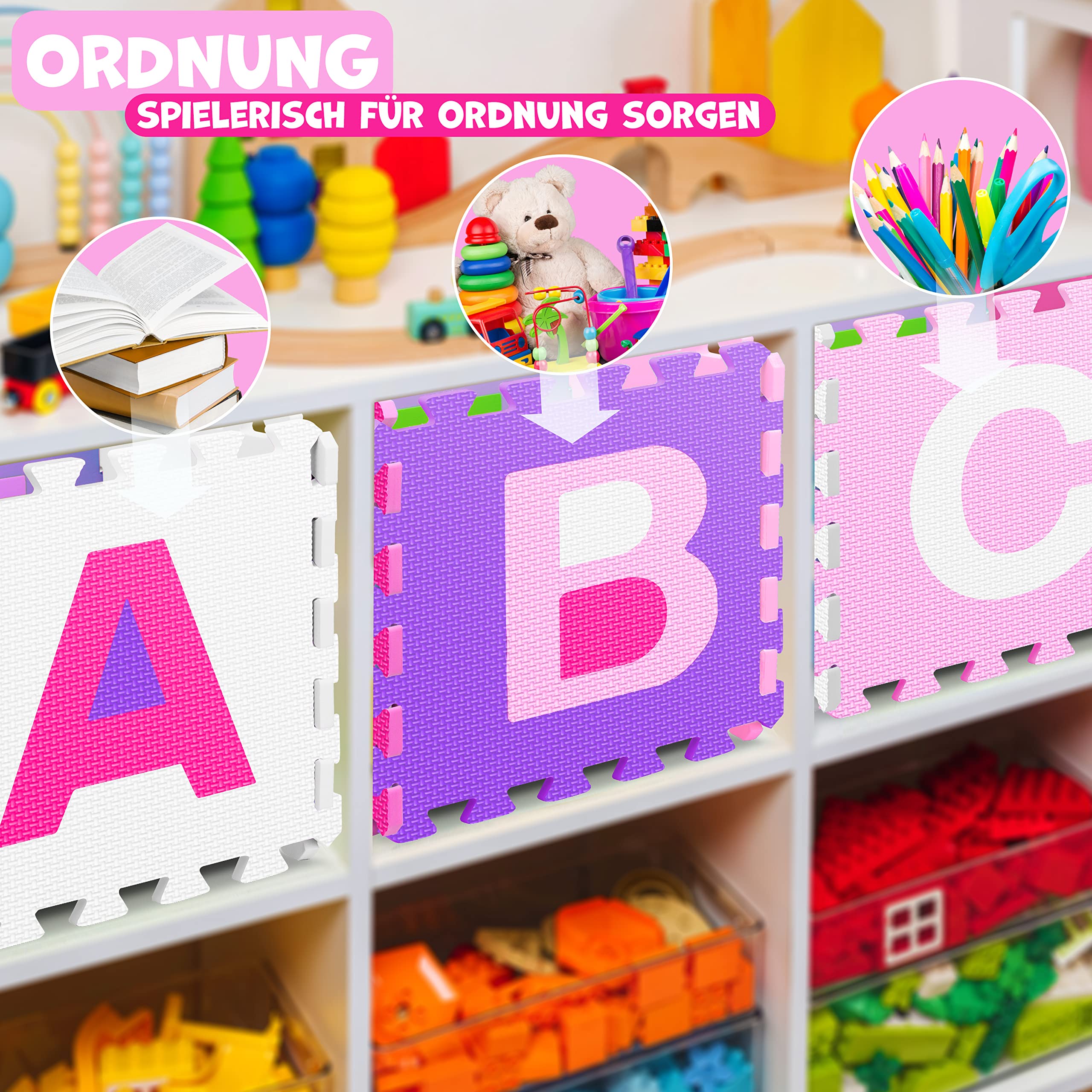 KIDIZ® Tappeto puzzle da 86 pezzi - tappeto da gioco per bambini - tappetino in gommapiuma - stuoia puzzle - tappetino per bambini - puzzle numeri e lettere - tappeto protettivo (Rosa)