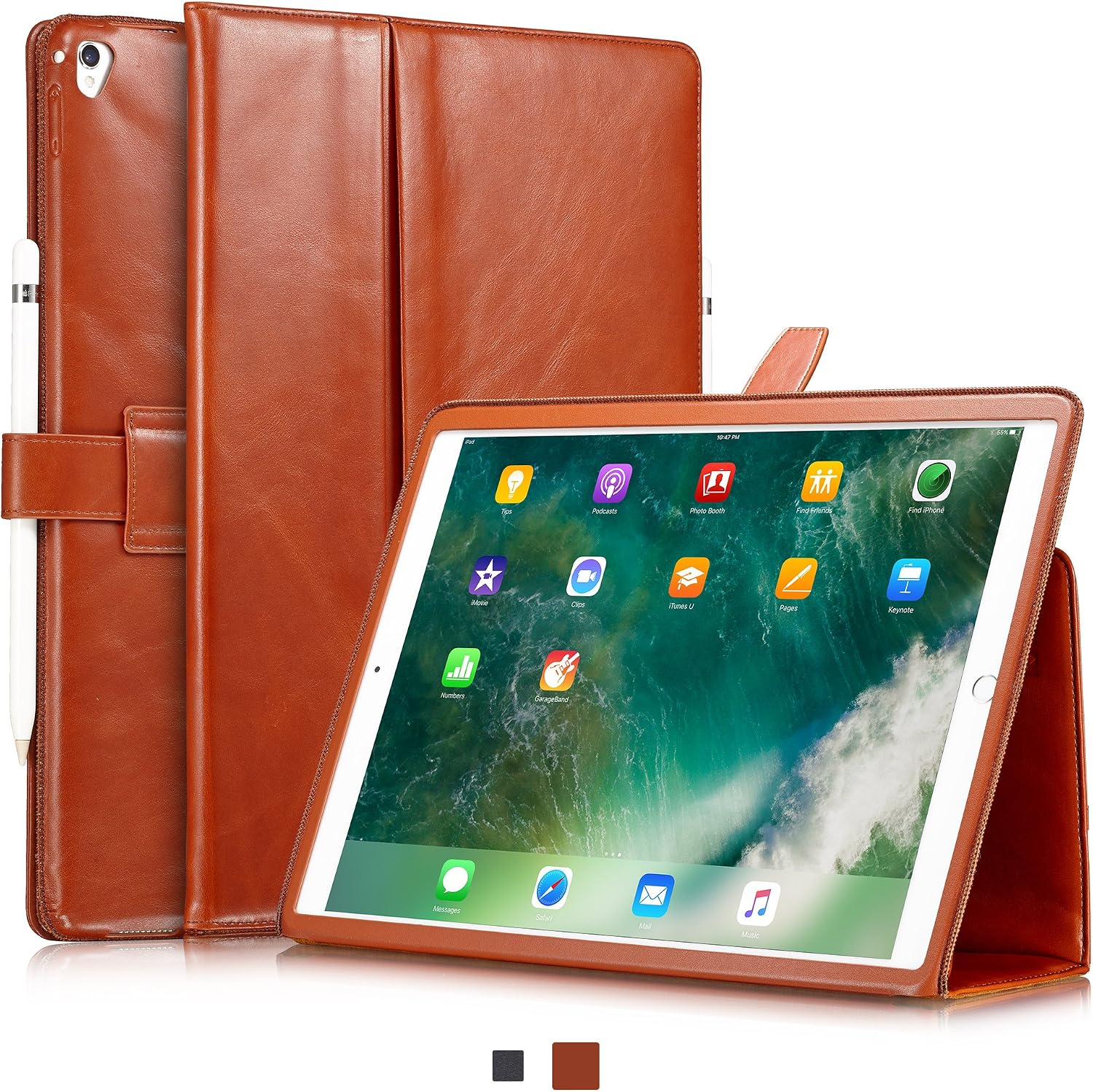 KAVAJ iPad Pro 12.9" Case Leather Cover London for Apple iPad Pro 12,9" 2017 Cognac-Brown Genuine Cowhide Leather Pencil Holder Built-in Stand Auto Wake/Sleep Function Slim Fit Smart Folio iPad 12 9