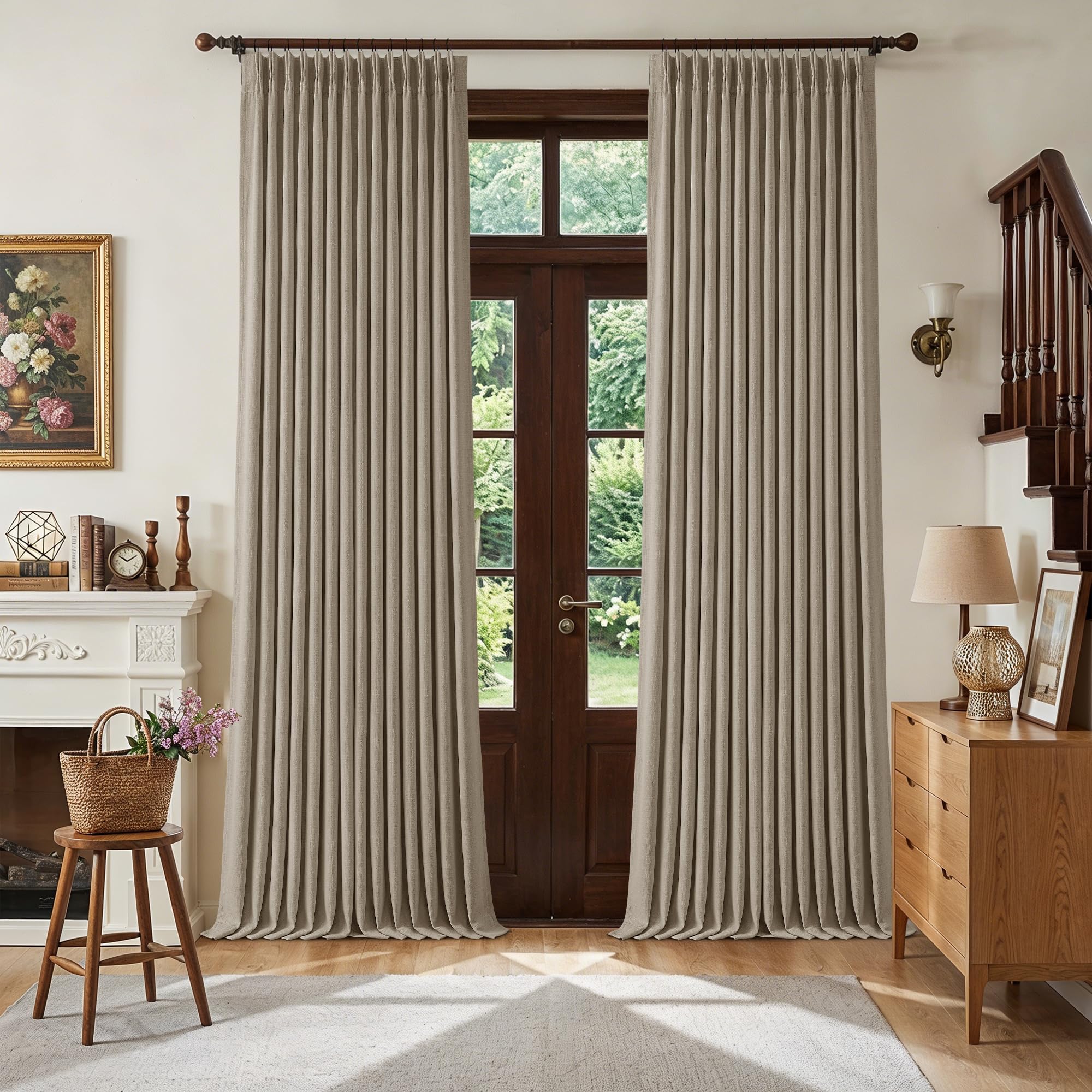 Deep Flax Blackout Pinch Pleat 100 Inch Linen Curtains 2 Panels Set