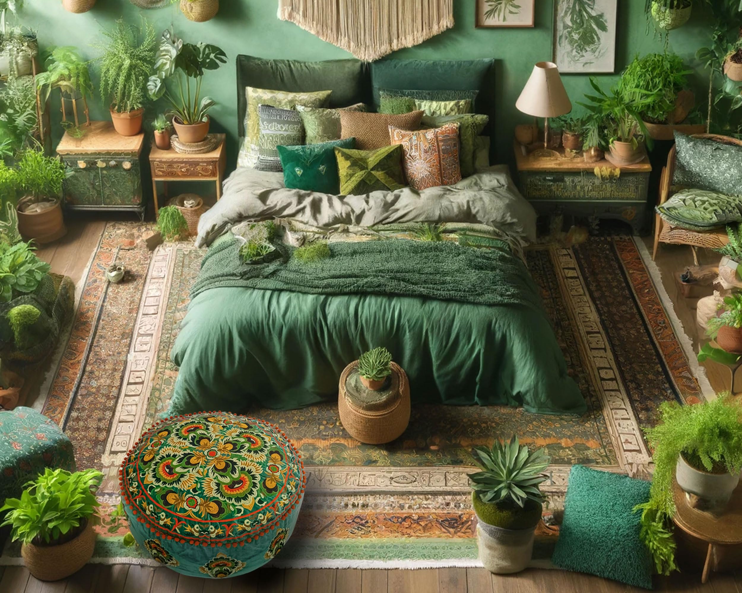 Pouf rotondo verde con ricamo in velluto – Morbido cuscino da pavimento ricamato con design marocchino, diametro 60 cm, ideale per soggiorno, camera da letto o sala meditazione