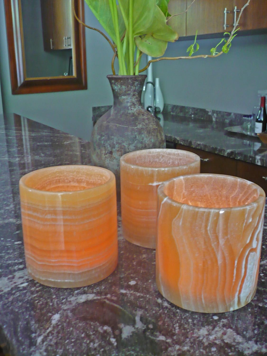 Obelisque Designs Premium Hand Made Egyptian Alabaster Votive Candle Set of 3 CYLINDERS | Handmade | Finely Polished | 4x4x4” Globes | spa Events | Candlelight