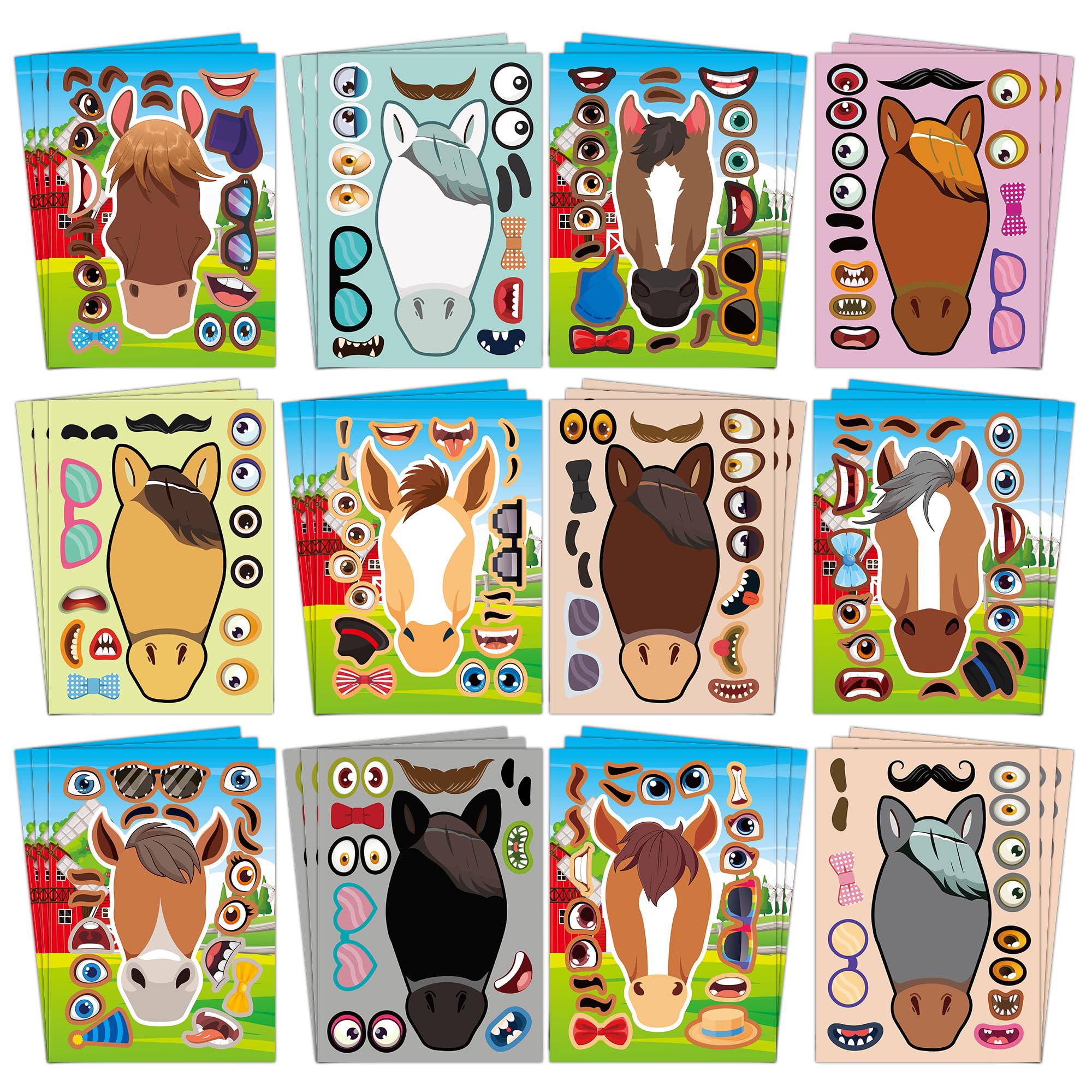 36 Sheets 8.27''×5.9'' Horse Face Stickers, Make Your Own Stickers for Kids Toddlers, Make Your Own Horse Mix and Match Sticker Sheets, Kids Crafts