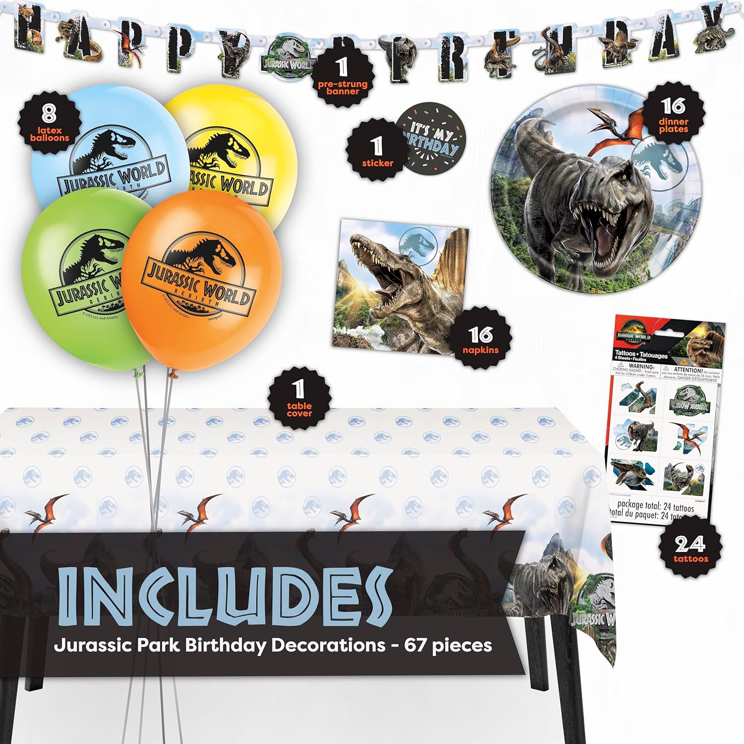 Jurassic Park Birthday Decorations for 16 | Balloons, Banner, Tablecloth, Plates, Napkins, Tattoos| Officially Licensed Jurassic World Party Decorations