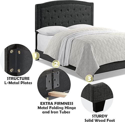 Miniatura 9 de Rosevera Gabriel - Cama de plataforma con cabecero ajustable y relleno de botón tamaño King lino beige
