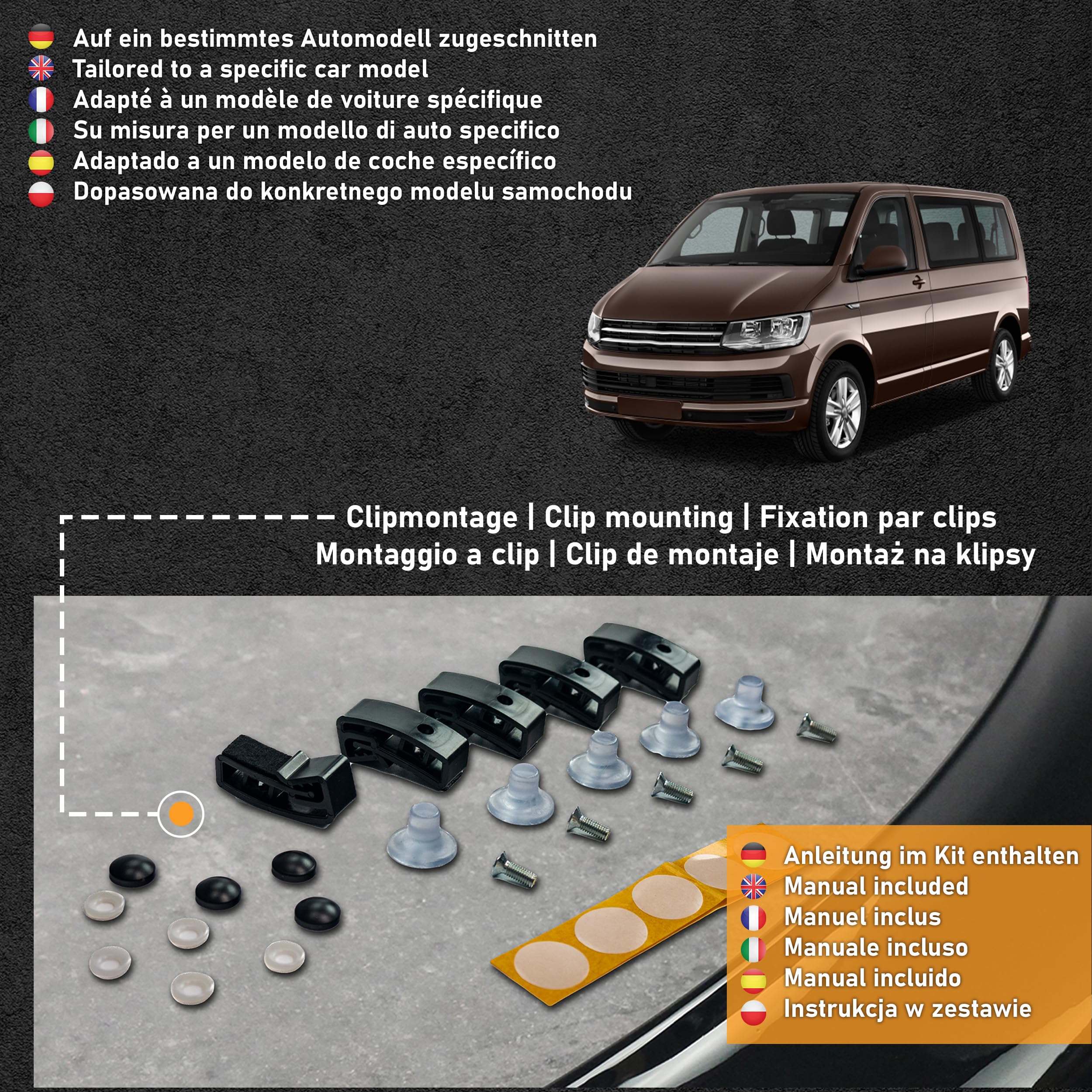 CHROMEMASTER | Akcesoria Samochodowe; Ochrona Przed Kamieniami; Osłona Maski Auta | Kompatybilna z VW T6 Caravelle 2015-2018 | Czarne Tworzywo ABS | Deflektor Chroni Maskę Przed Uszkodzeniem