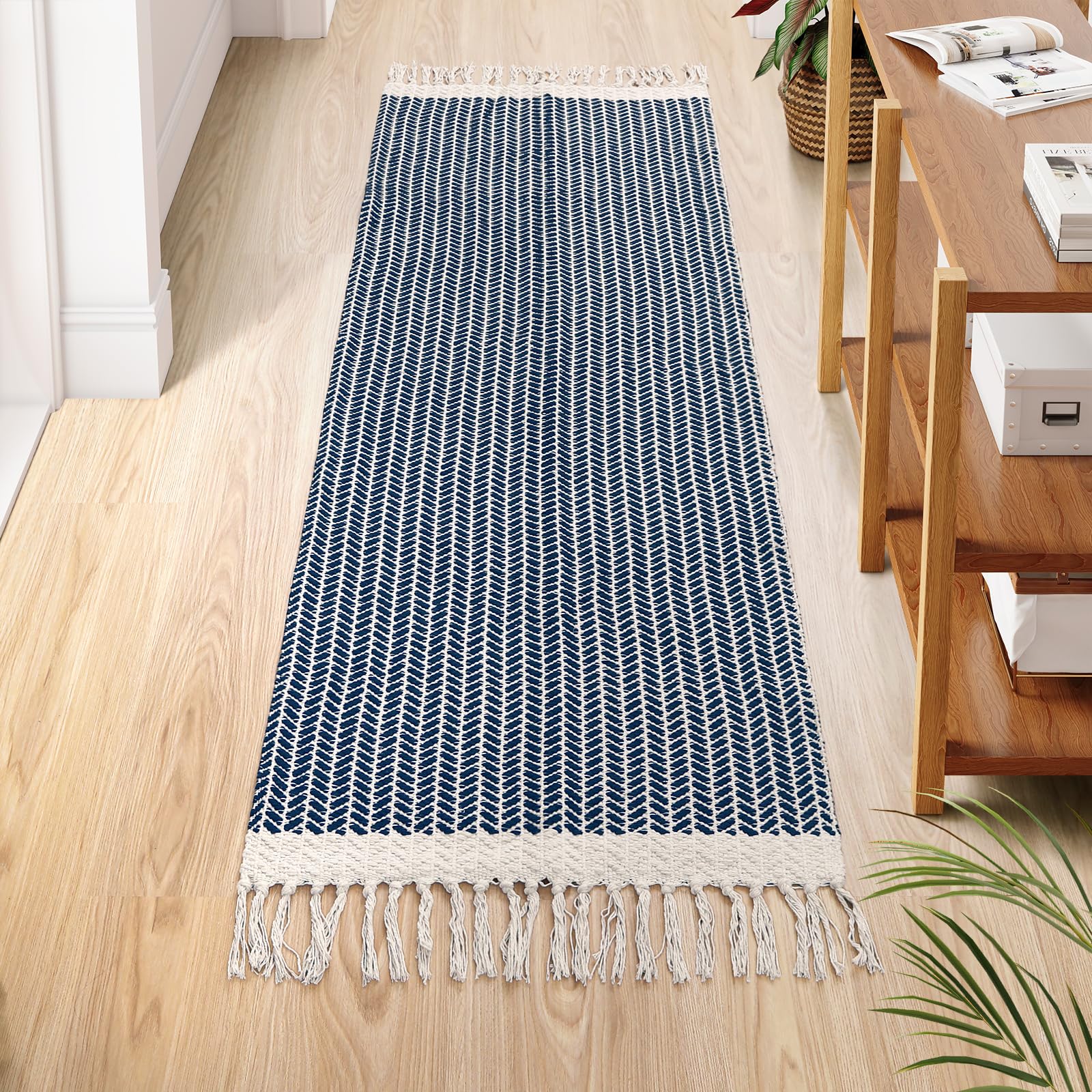 Lahome Belle Boho Kitchen Runner, 2x6 Laundry Room Rug Lightweight Runners for Hallways Washable Runner Rug with Tassels, Farmhouse Cotton Blue Throw
