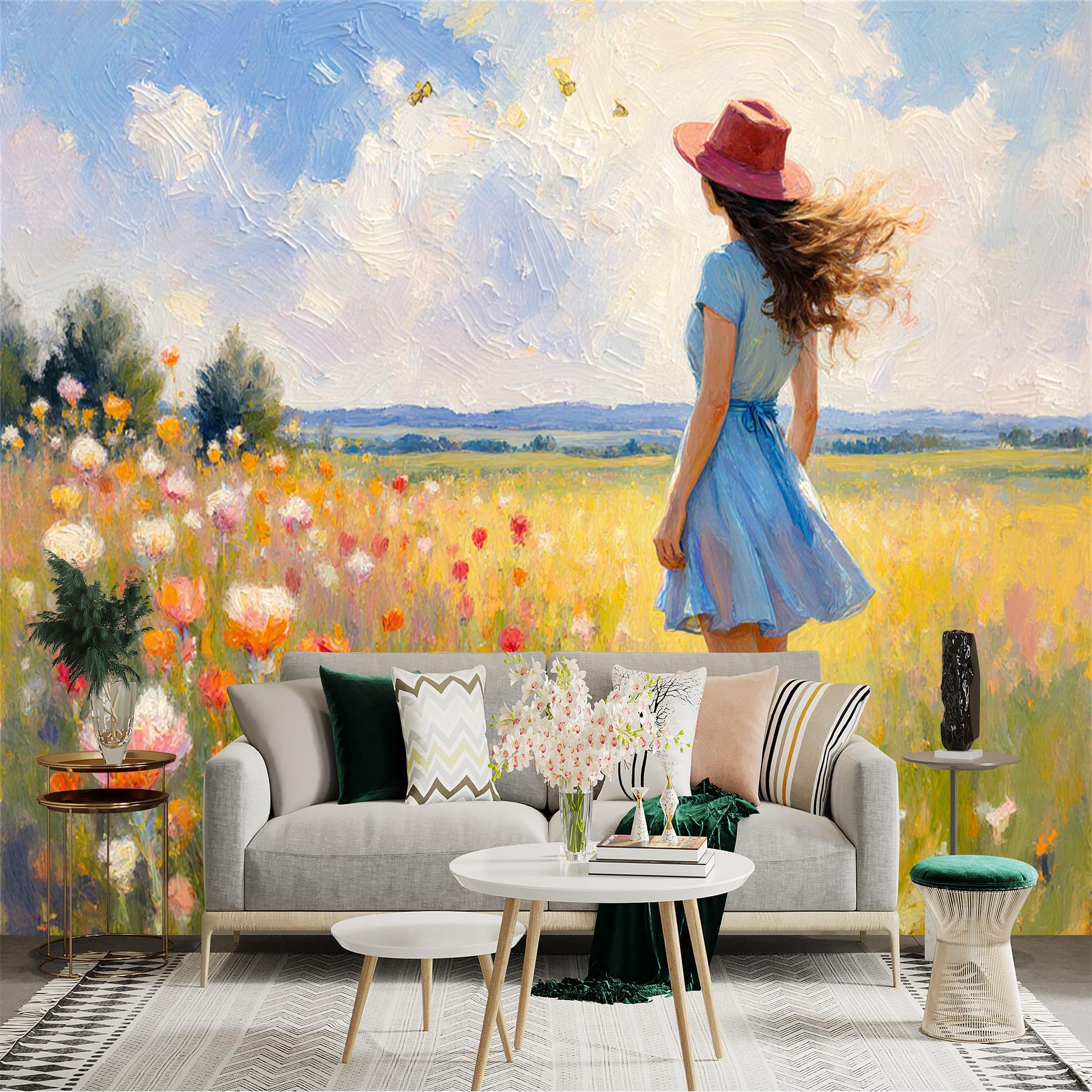 Lnzczhyre Girls Xc260505242 Custom Size Wall Sticker Mural， In Blue Dress， Meadow With Colorful Wildflowers， Artistic Oil Painting Style， Sunny Sky， For Wall Decoration， Peelandstick Wall Decals.