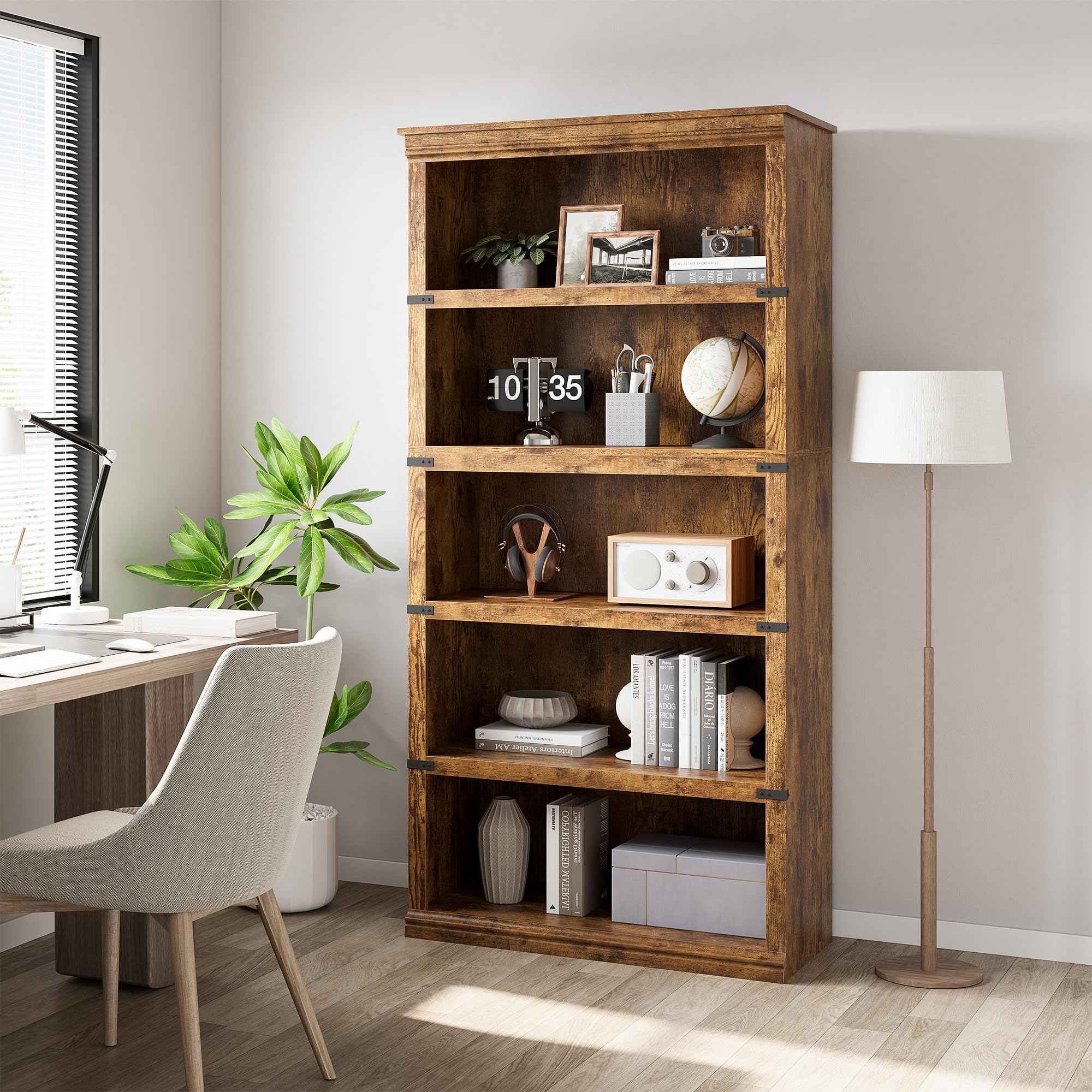 Zstar Dunkle Eiche Retro-Stil Bücherregal - Modernes Freistehendes Display-Speicherregal, 32'' Breites Freistehendes Holzregal, Offenes Fach, Wohnkultur Möbel Für Büro Und Bibliothek, Retro-Farbe