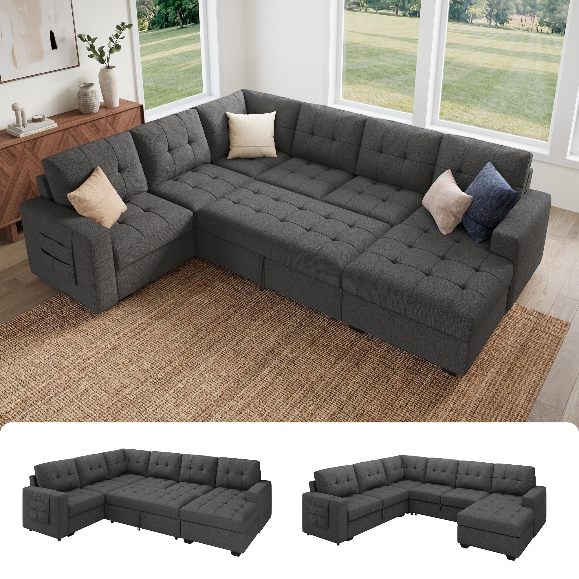 HONBAY 111.4'' Modular Sectional Sleeper Sofa with Pull Out Bed,Dark Grey
