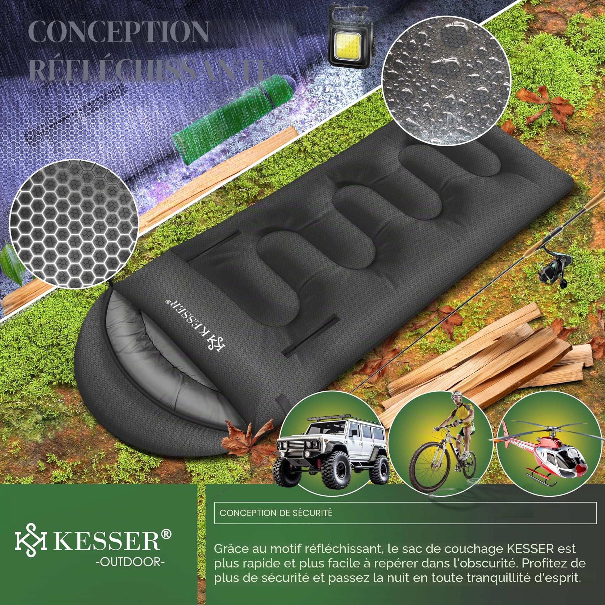 KESSER® Sac de couchage d'extérieur | Sac de couchage couverture 3-4 saisons | Sac de couchage de camping pour adultes et enfants | Léger et portable, chaud et imperméable avec lampe de camping et