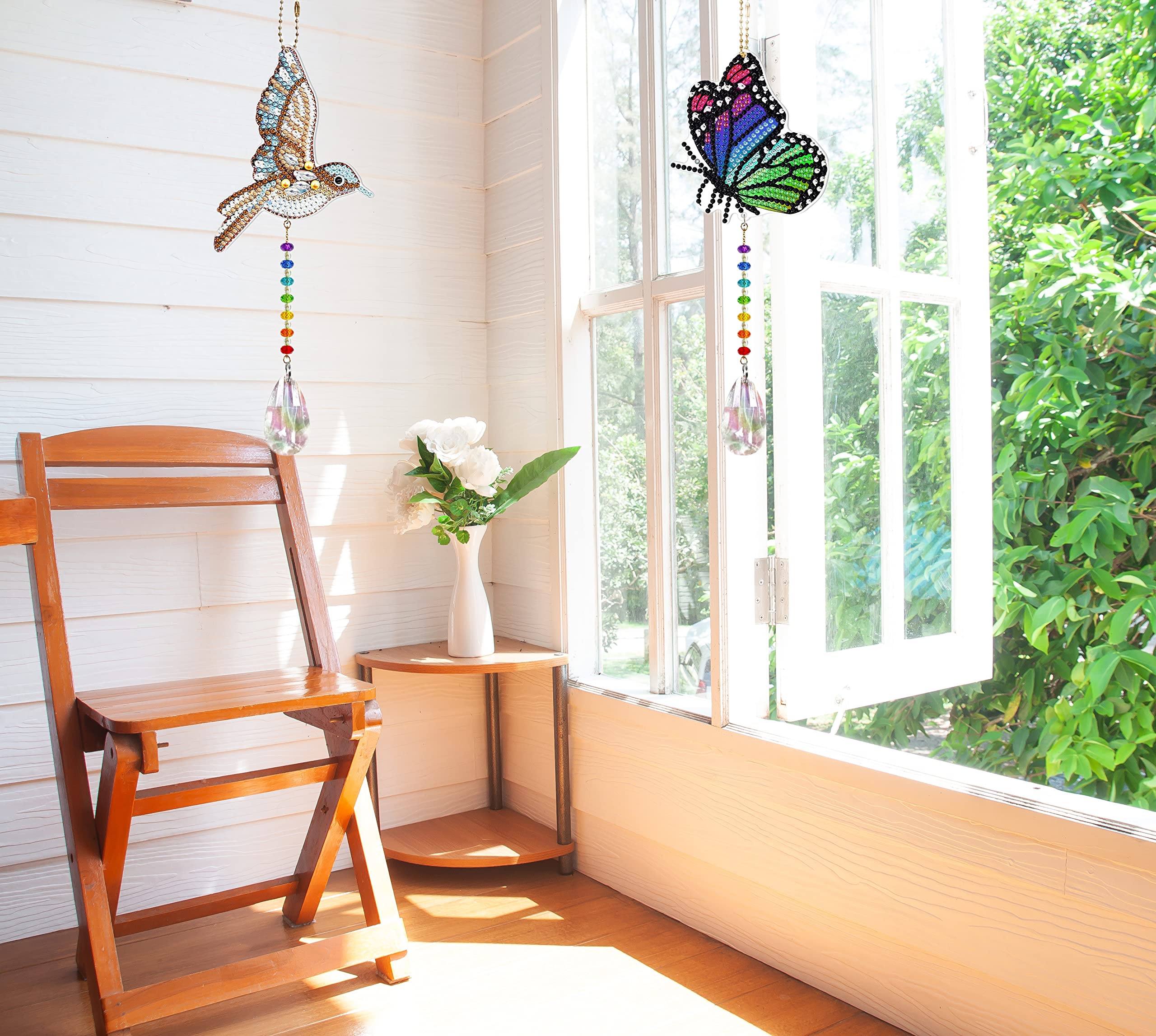4 Stück Diamant-Malerei Sonnenfänger | Kolibri, Schmetterling, Katze, Pfau – Bunt & Glitzernd Für Fenster & Garten