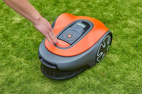 Flymo EasiLife GO 400 Robotic Lawn Mower for the perfect manicured lawn. Easy set-up and installation. Convenient app control. Quietly Safely cuts up to sqm, orange and grey, 400m2 - 5