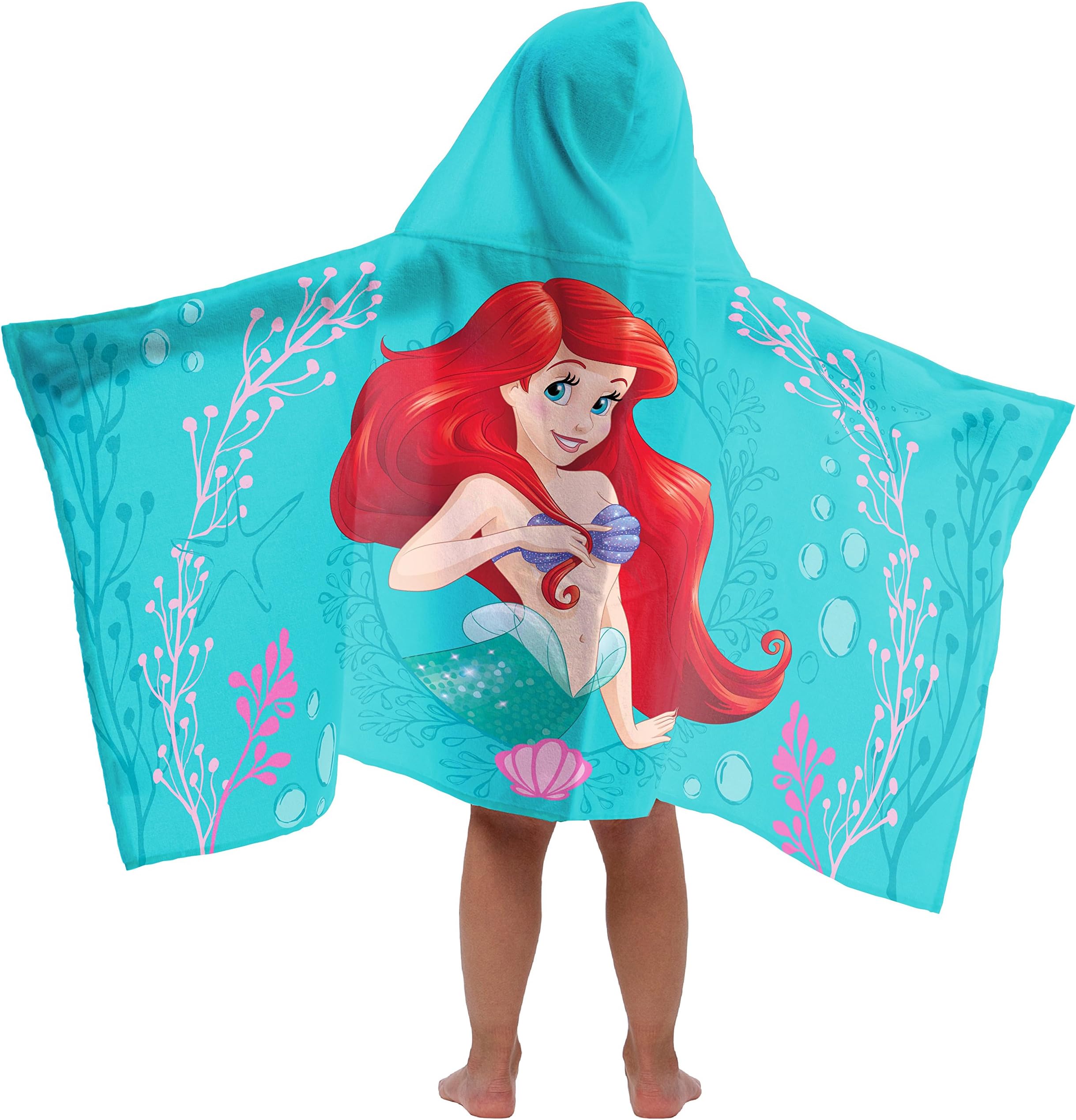 Jay Franco Disney Little Mermaid Kids Bath/Pool/Beach Hooded Towel - Featuring Ariel Super Soft & Absorbent Cotton Towel, Measures 22 inch x 51 inch (Official Disney Product)