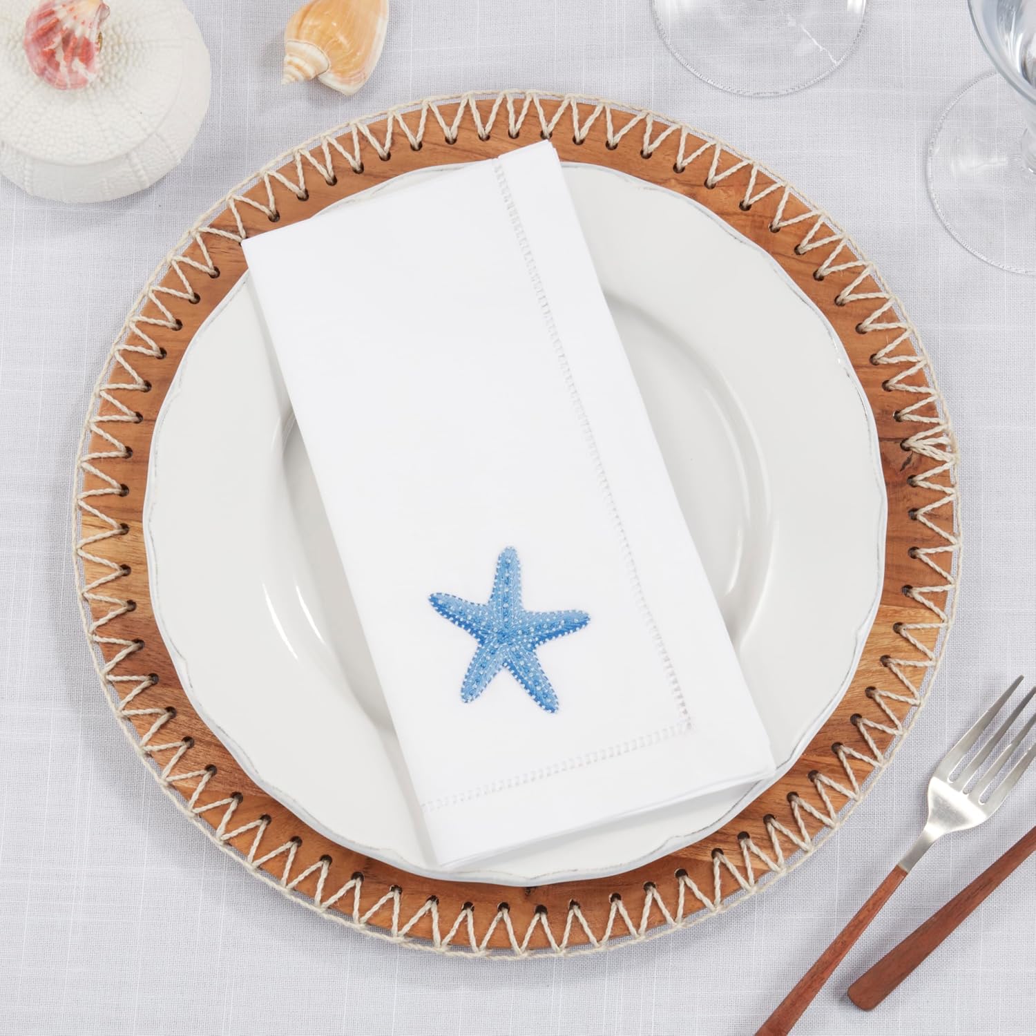 Handmade Seaside Starfish Embroidery Napkin with Hemstitched Border (Set of 6)