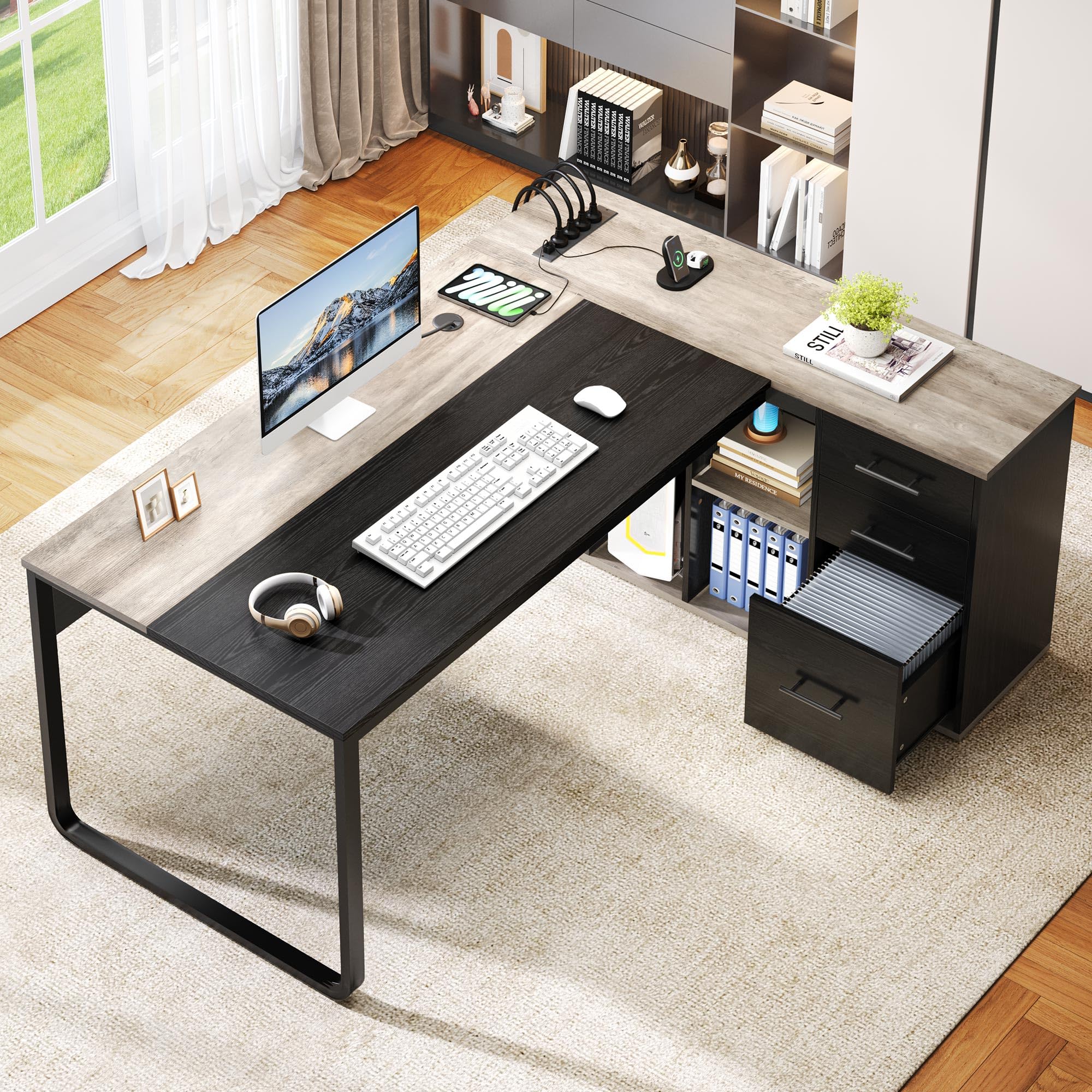 Photo 1 of ***MISSING BOX 1 OF 2****DWVO 71" Executive Desk with Power Outlets, L Shaped Executive Desk with File Cabinet, Computer Desk with Drawers & Storage Shelves, Corner Office Desk with Bookshelf for Home Office, Grey + Black
