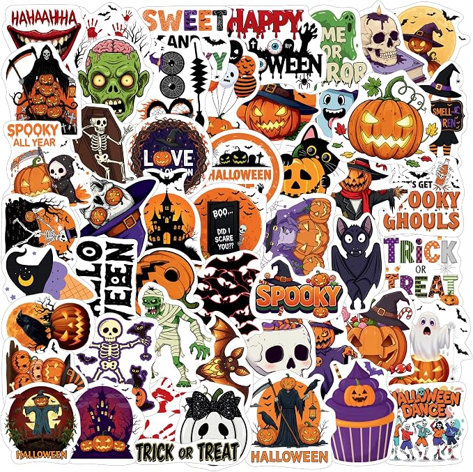 Halloween Stickers Happy Halloween Party Favors Decorations Accessories Supplies Skeleton Skull Pumpkin Trick Or Treat Craft Gift for Kids Boy Girl Men Women Non-Repeating Waterproof Removeable