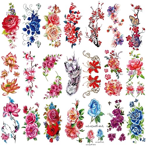 Tatuajes temporales florales de 21 hojas, diseños brillantes de peonías y rosas en 3D, arte corporal impermeable para mujeres y niñas, calcomanías