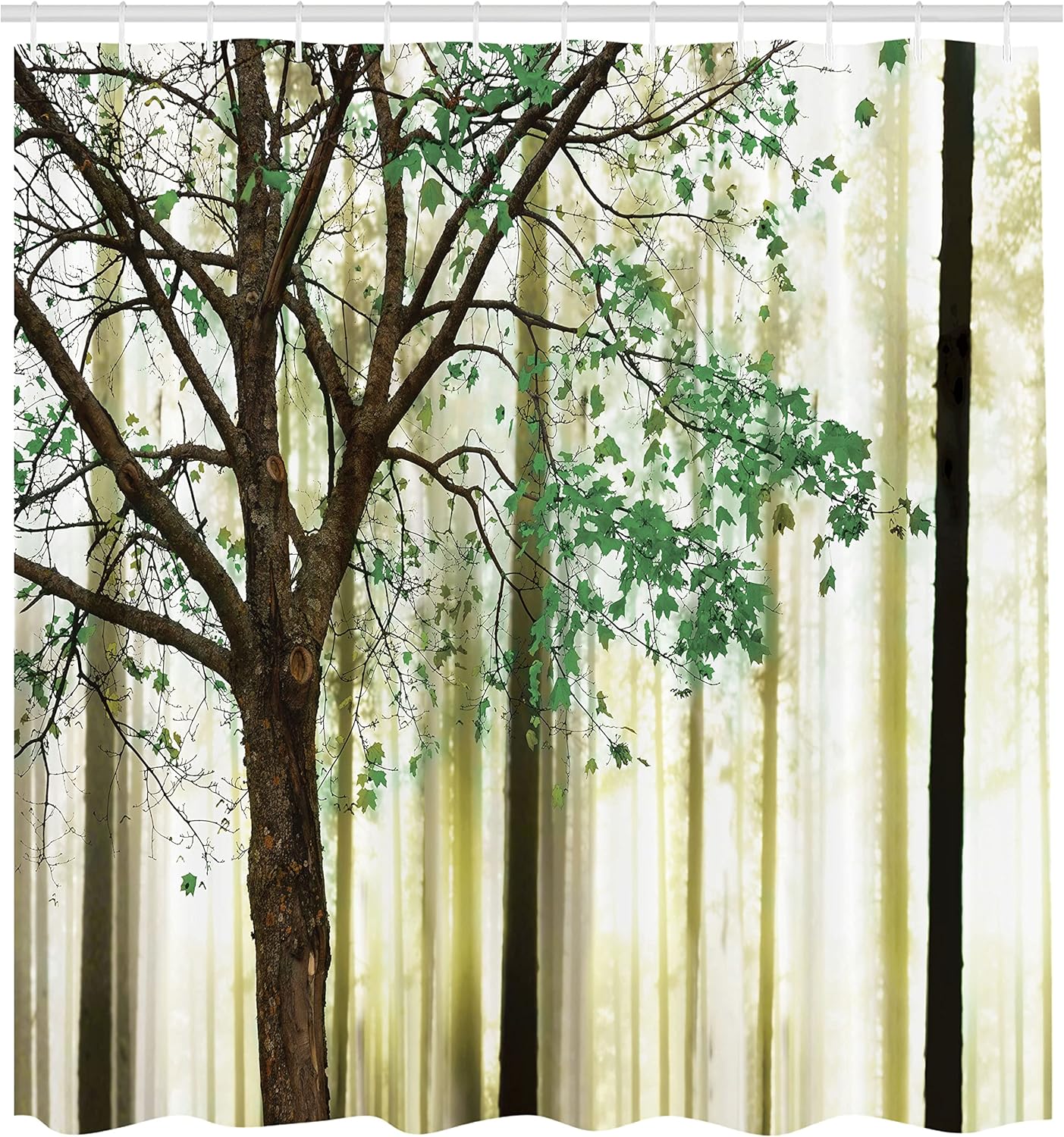 Ambesonne Autumn Shower Curtain, Fall Trees Leaves on Woodland Background Picture, Cloth Fabric Bathroom Accessories Set with 12 Hooks Home Decor for Restroom and Guest Room, 69" W x 75" L, Fern Green