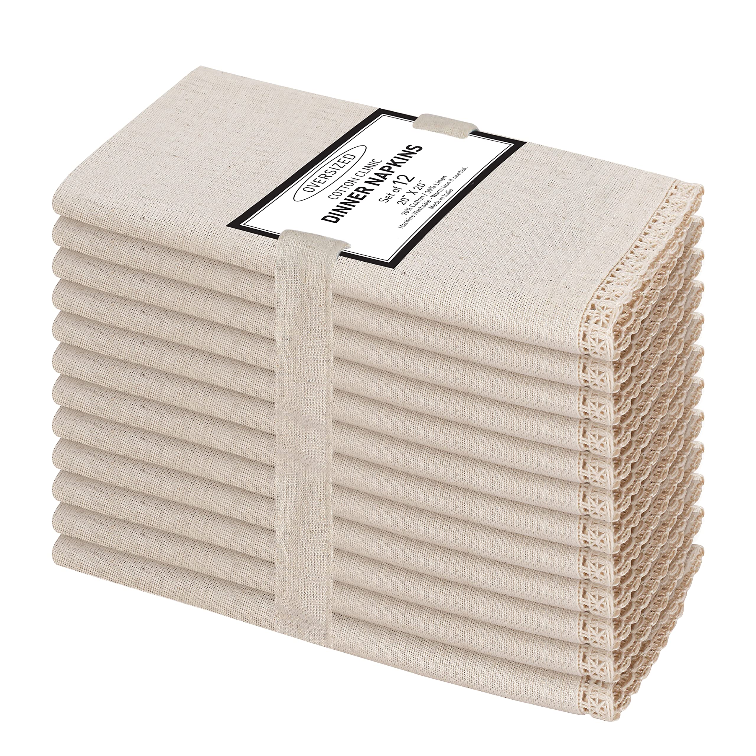 Cotton Clinic 12 Pack Cloth Dinner Napkins with Decorative Lace Oversized 20x20, Linen Cotton Fabric Tailored with Mitered Corner - Cocktail Napkins, Wedding Dinner Napkins Natural
