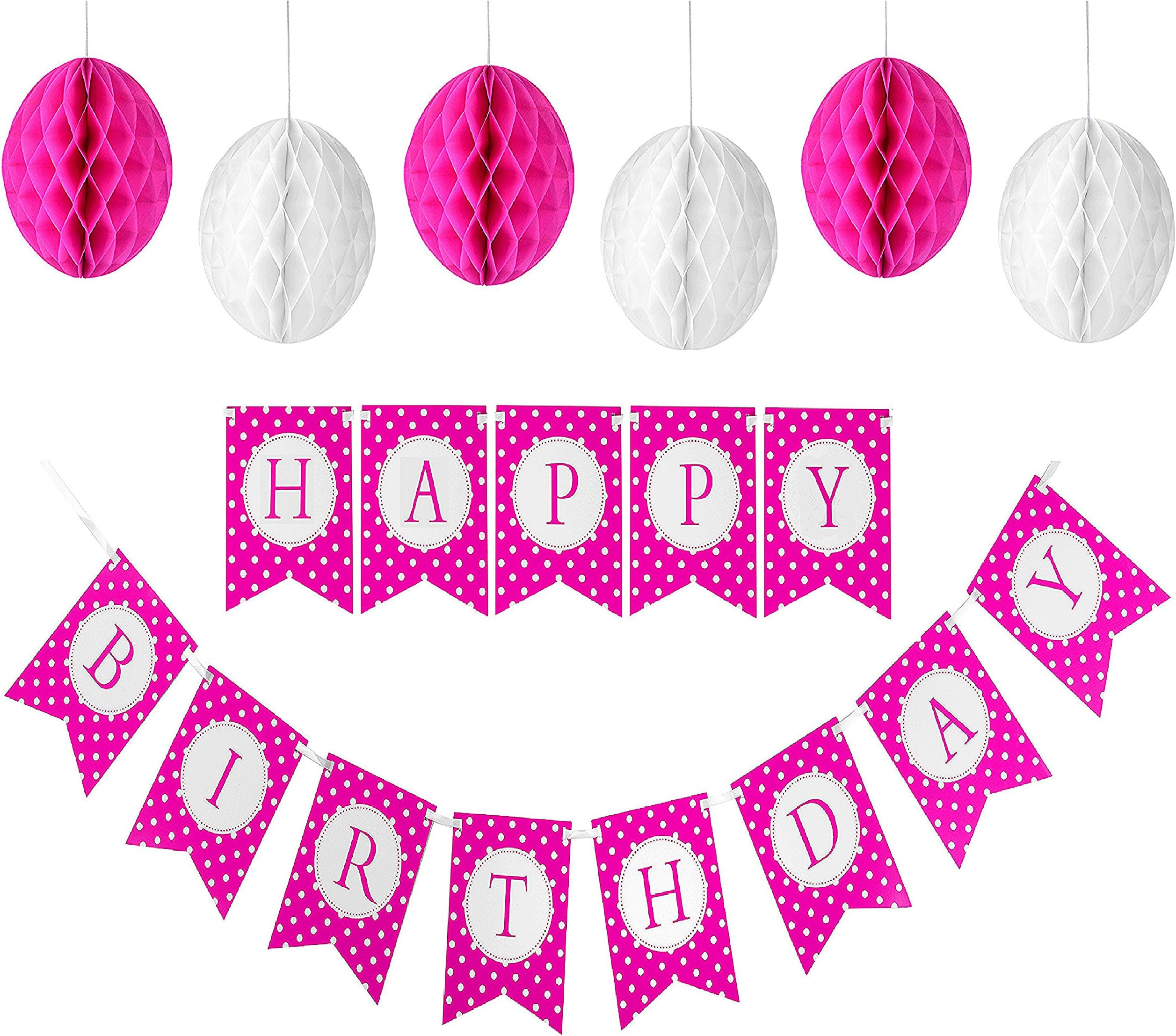 Happy Birthday Banner For A Girl With Set of 6 Large 8 inches Tissue Paper Pom Pom Balls - Pink Polka Dot Birthday Banner - New Designed Birthday Bunting Decorations Kit and Party Supplies For Kids