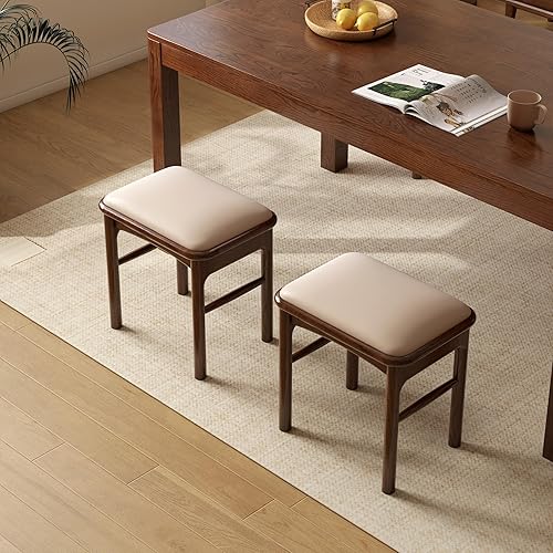 Miniatura 8 de Taburete tapizado con patas de madera maciza, reposapiés otomano acolchado de cuero de nogal para entrada, cocina, 1 unidad Nuez,Nogal sin cojín