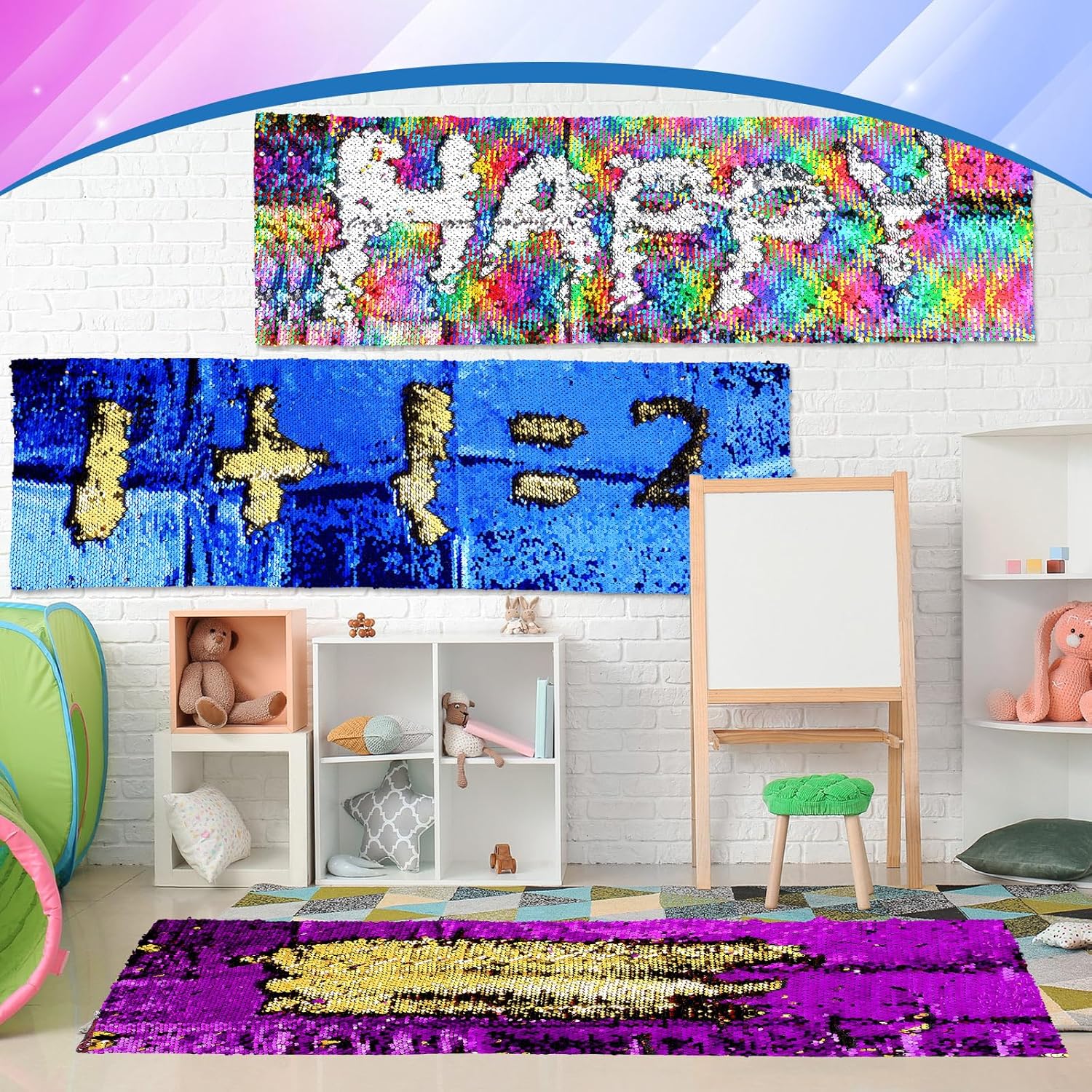 Irenare 3 Pcs Sensory Wall Sequin Flip Fabric for Kids 40 x 13 Inch Sensory Graffiti Reversible Sequin Fabric with 36 Pcs Hook and Loop Strips with Adhesive(Purple, Royal Blue, Colorful,3)