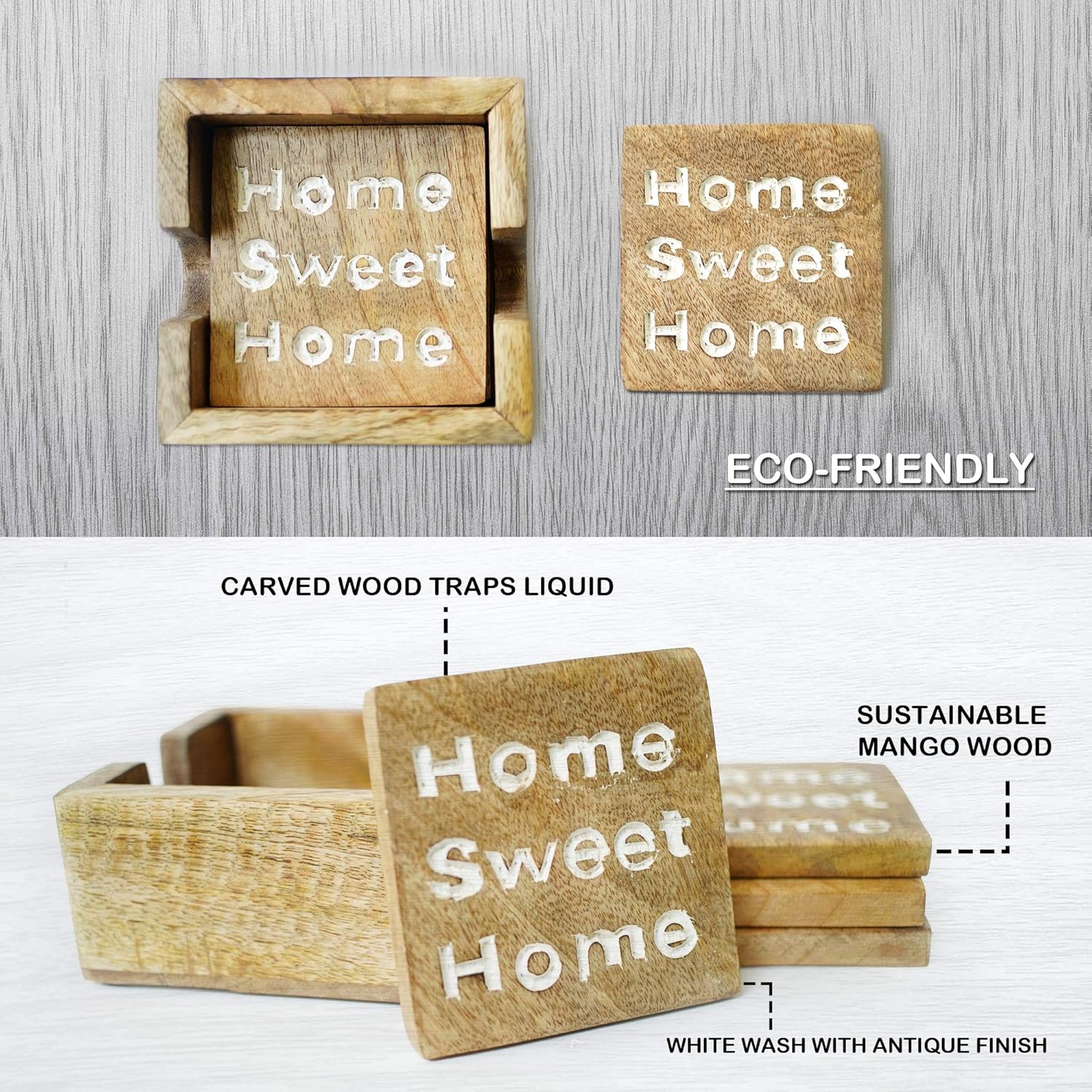 Buy 1 get 1 🔥 Sun Vida - Coasters for Drinks - Farmhouse Rustic Wood Coaster Set - Home Sweet Home Coasters with Holder - Absorbent Hand Carved Antique Finish - 4x4 inch