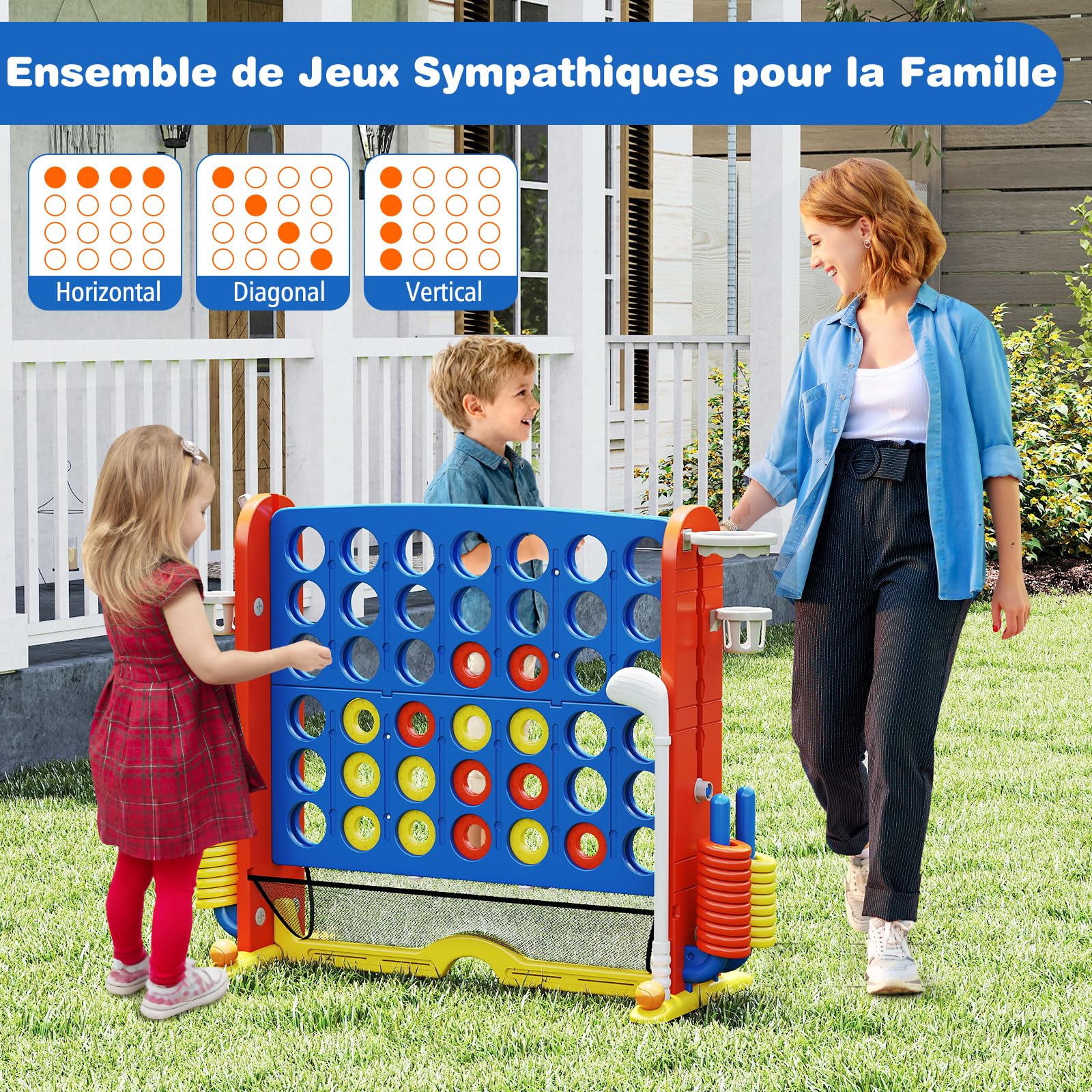 COSTWAY 4 en 1 Jeux Puissance 4 Géant avec 42 Anneaux et Filet, Jeu de Société avec Panier de Basket et Lancer d’Anneaux, Hauteur Réglable, Golf, Porte-gobelets et Sac, Intérieur Extérieur