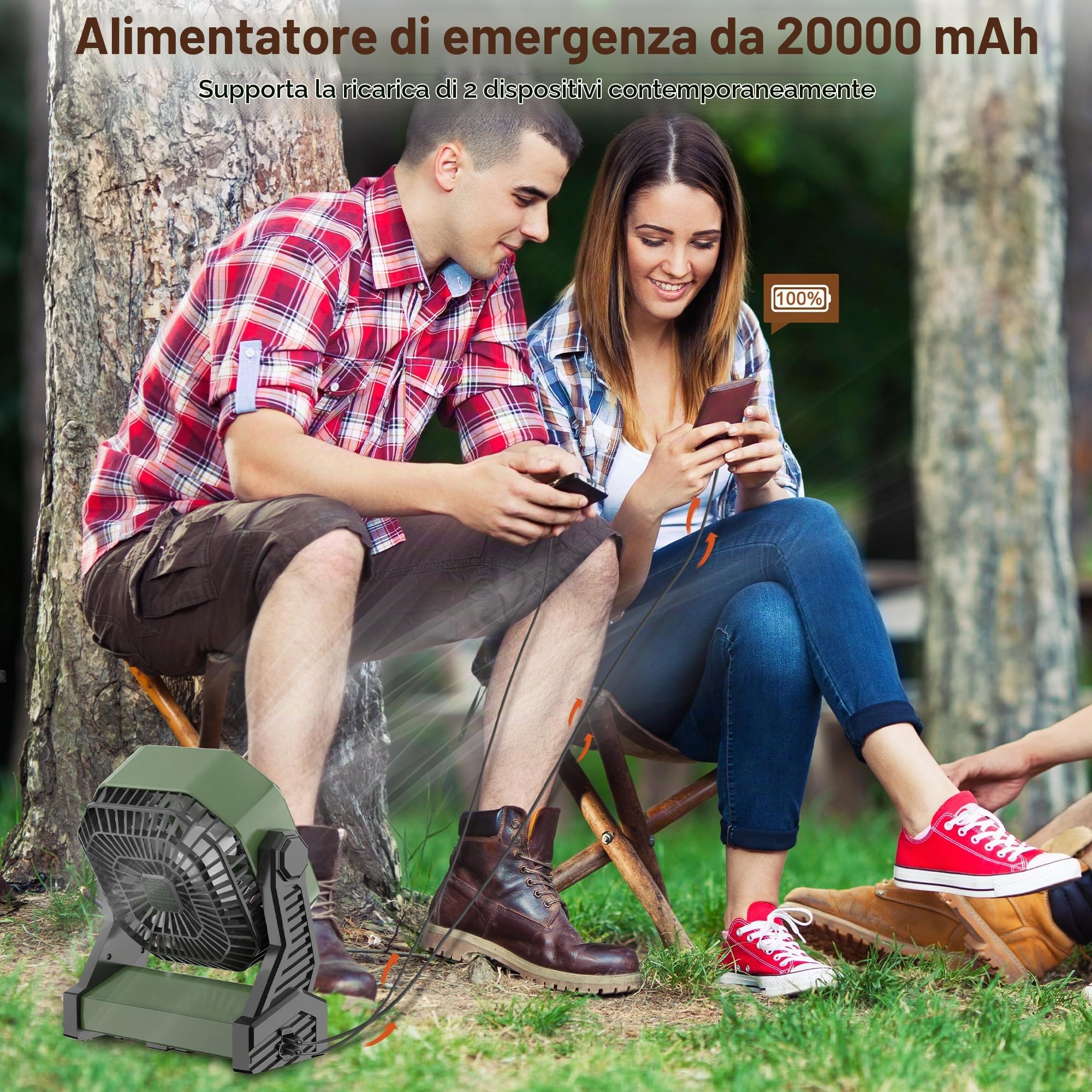 Ventilatore da campeggio con torcia LED 20000mAh Batteria ricaricabile Ventilatore da tenda ricaricabile luce e gancio Ventilatore da tavolo USB personale per il campeggio e la pesca -Verde militare