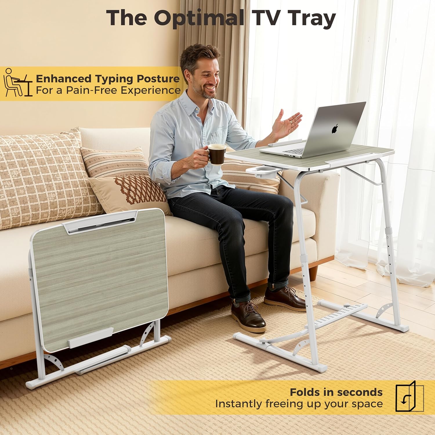 FoldWise Upgraded Folding TV Tray Table - Extra Large & Sturdy Laptop Table for Couch, Height & Angle Adjustable Desk for Dinner, Work & TV - Includes Footrest, Cup Holder, iPad Holder & Edge Stopper