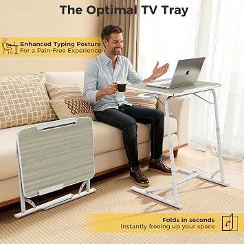 FoldWise Large Folding TV Tray Table - Wooden Height & Angle Adjustable Laptop Table, Flat Folding Laptop Desk & Sturdy Sofa Table, All-in-One: Footrest, Cup Holder, Edge Stopper & Tablet Holder | ディナー、仕事、テレビ用の高さと角度調節可能なデスク - フットレスト、カップホルダー、iPadホルダー、エッジストッパー付き。