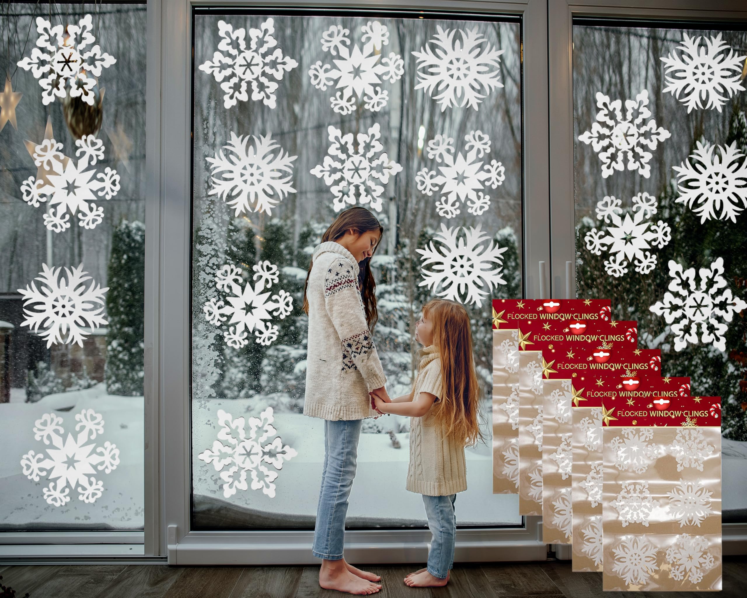 Hovuk 5 Sheets- White Snowflakes Clings 30Pcs Christmas Snowflakes Window Stickers, Flocked Window Decals For Xmas Clings Christmas Decorations Winter Party Ornaments (5 Sheets 40Cm - White Snowflakes Clings)