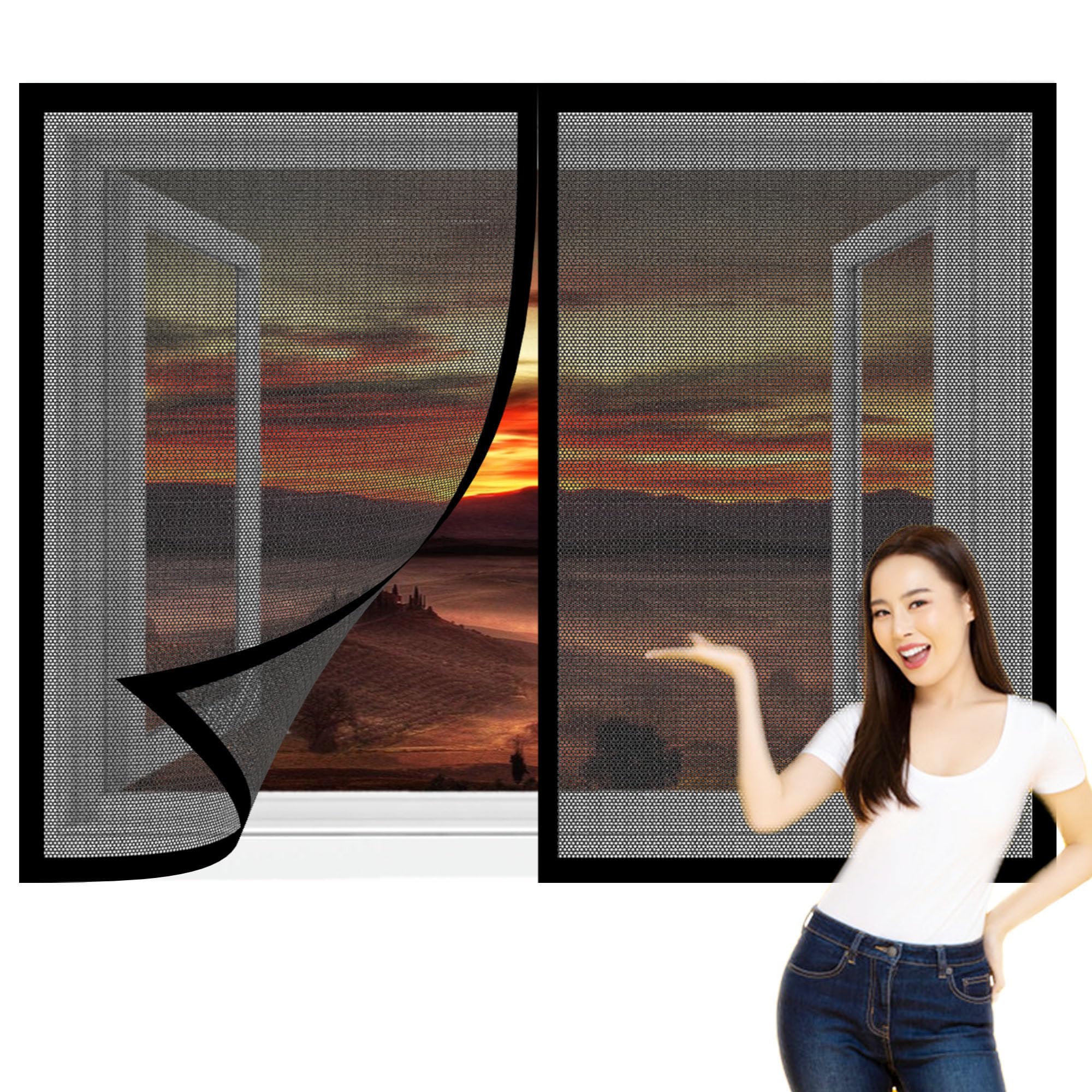 DIY Adjustable Magnetic Fly Screen 135 x 105 cm with Selfadhesive Fly Bug Bee Protection Screen Easy Installation for Living Room Bedroom Offfice, Black