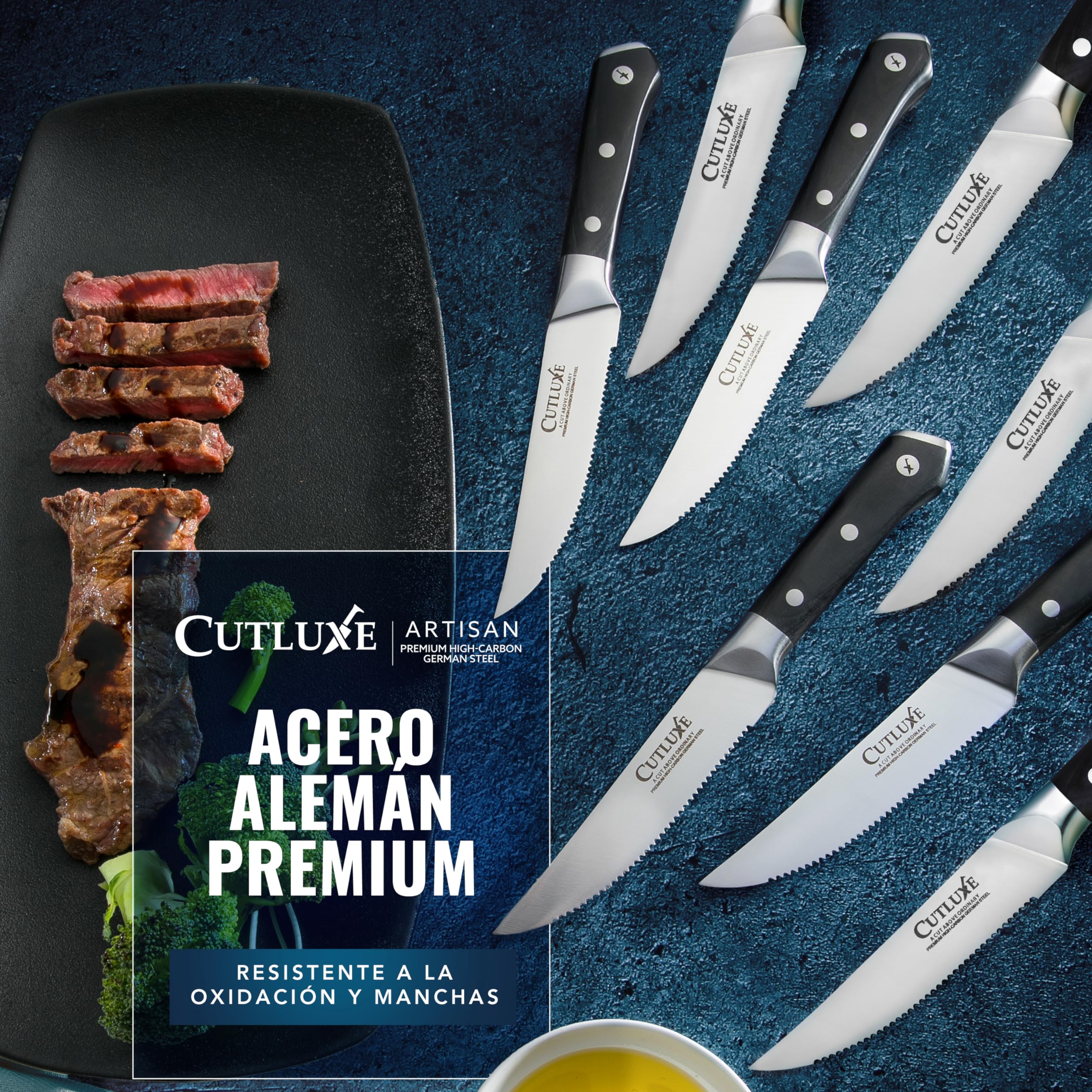 Cutluxe Cuchillos Carne – Juego de 8 Cuchillos de Mesa, Cuchillos Sierra – Acero Alemán Alto Carbono Forjado, Espiga Completa, Diseño Ergonómico Mango – Serie Artesanal