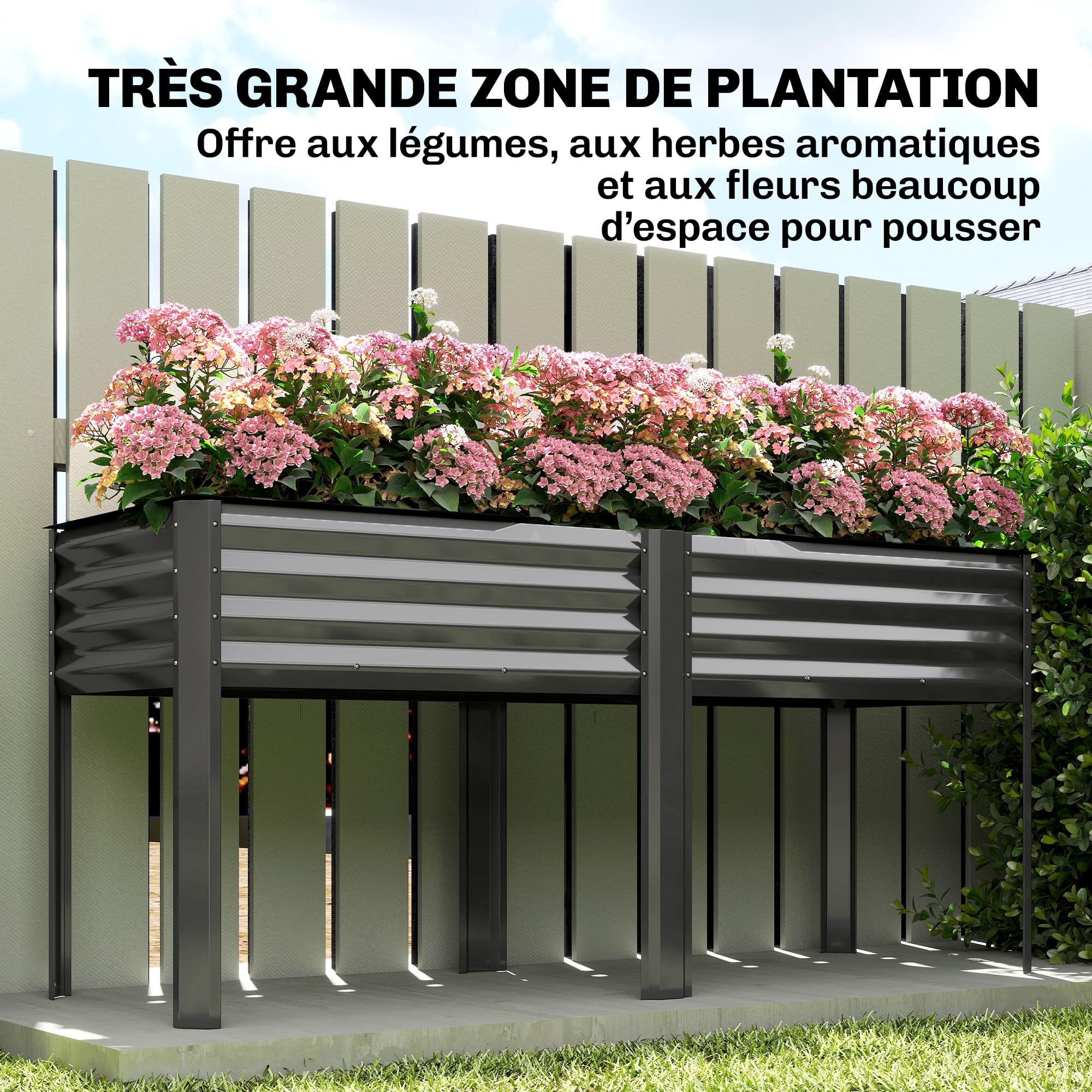Outsunny Potager sur Pieds en Métal Jardinière 180 x 55 x 80 cm Gris Foncé