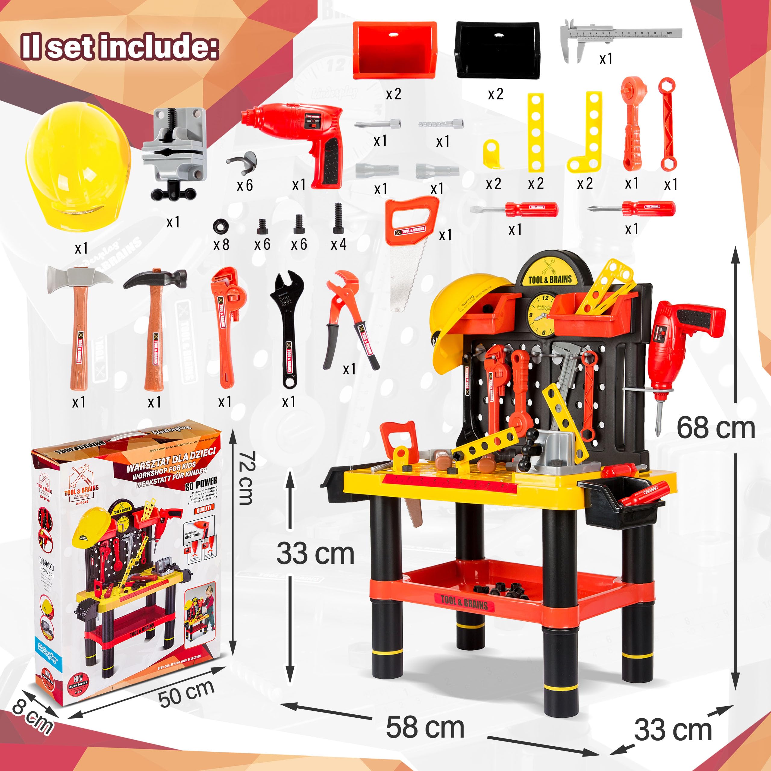 Kinderplay Banco da Lavoro Bambini – Officina Giocattolo con Trapano Elettrico e 50 Accessori – 3+ Anni – Casco Incluso – 58x33x68 cm