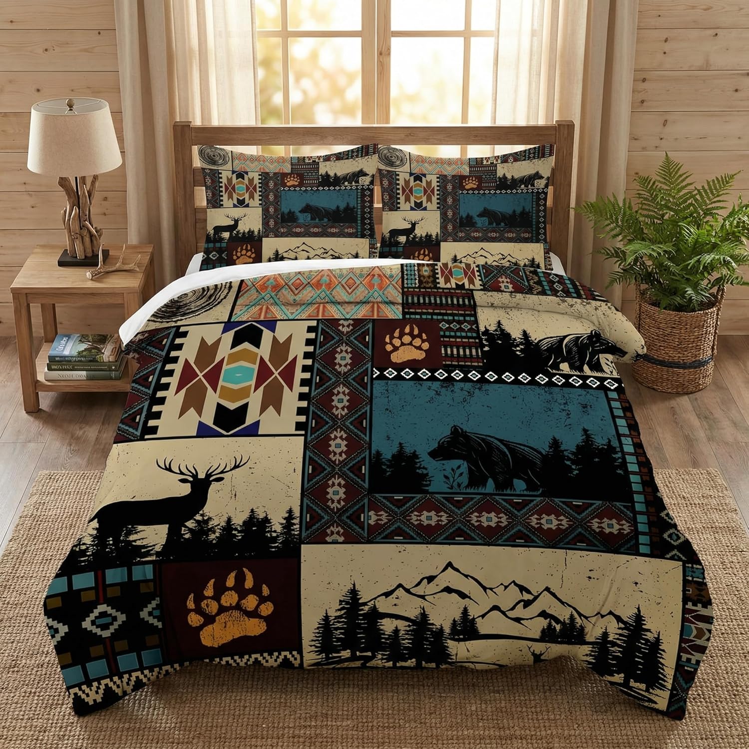 WeCozy Twin Size Comforter Set with Pillowcase, Deer Bear Wildlife 2 Pcs Bedding for Kids and Adults, Black Brown Country Soft Comforter Set for Bedroom Bed Decor