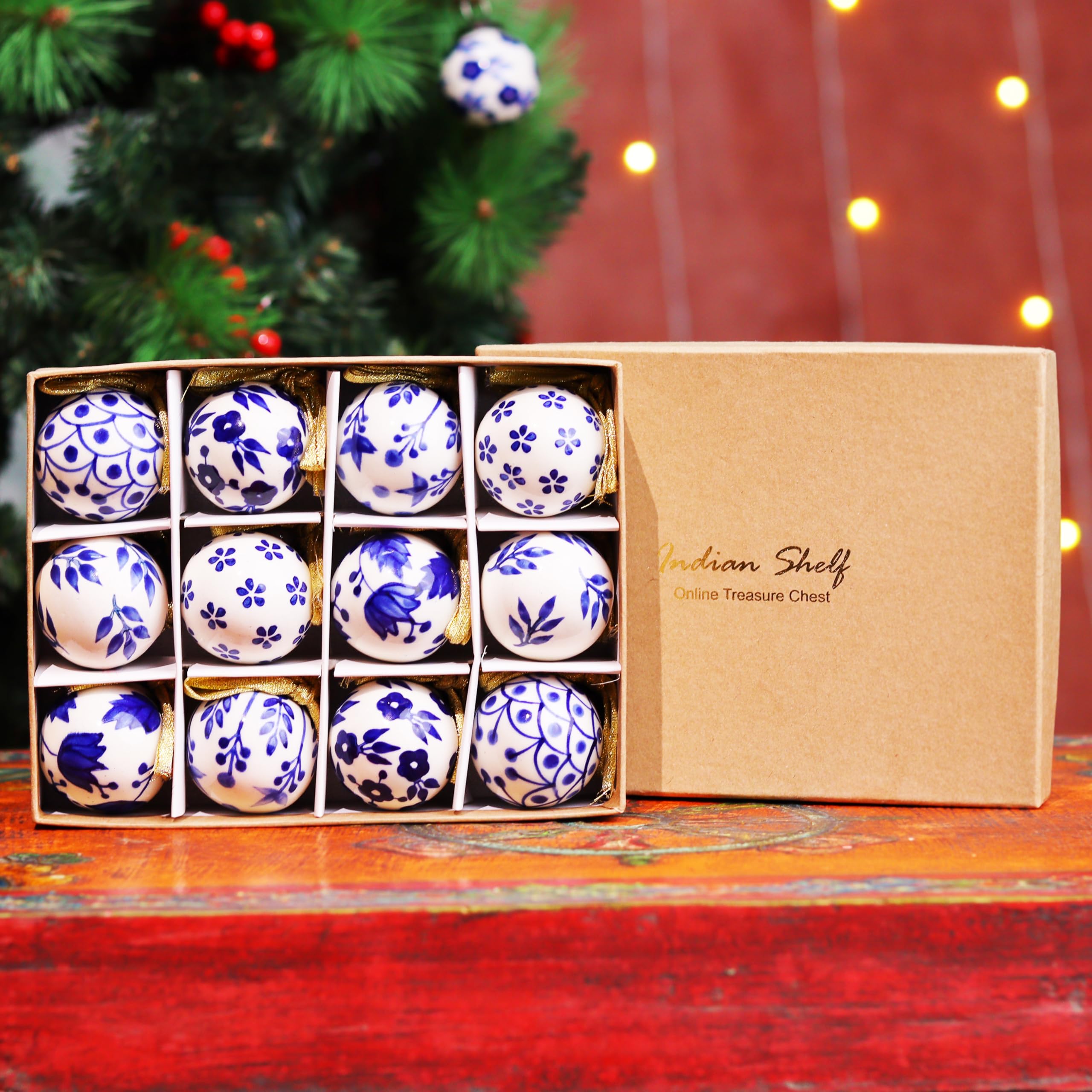 Indian-Shelf 12 Piece Blue White Porcelain Christmas Ball Ornaments Set 3