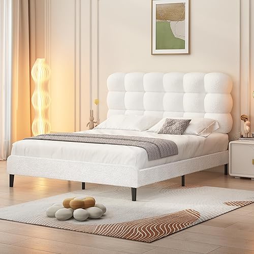 Miniatura 9 de Base de cama individual BarnFurin, cama plataforma con cabecero tapizado, base de cama de tela de bouclé suave con soporte de listones de madera,