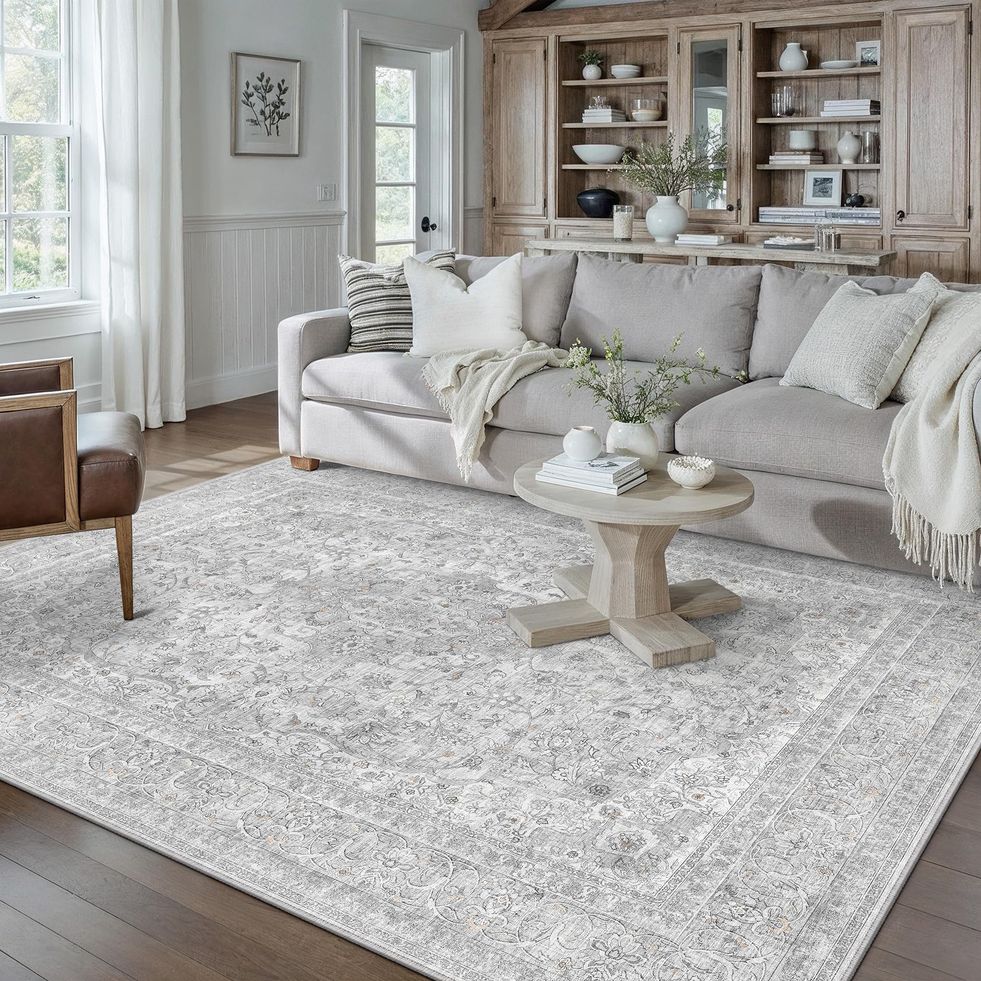 PureCozy 160x230cm Grey Vintage Washable Rugs for Bedroom Living Room, Soft Area Rugs with Non-Slip Backing, Lightweight Low Pile Traditional Carpet for Kitchen Office Dining Room Playroom