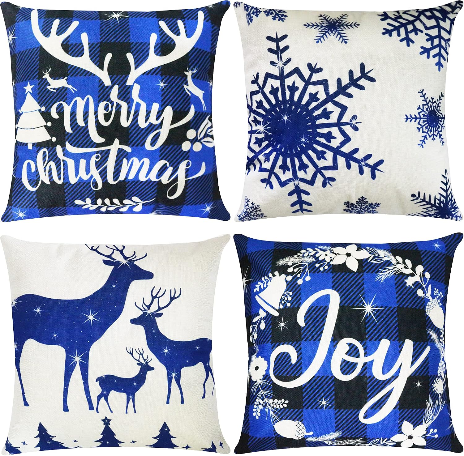 Mosoan Christmas Pillow Covers 18x18 Inch Set of 4 Black and Blue Buffalo Check Plaid Christmas Decoration Throw Pillow Covers - Holiday Linen Christmas Pillow Case for Sofa Couch Bed Car Farmhouse