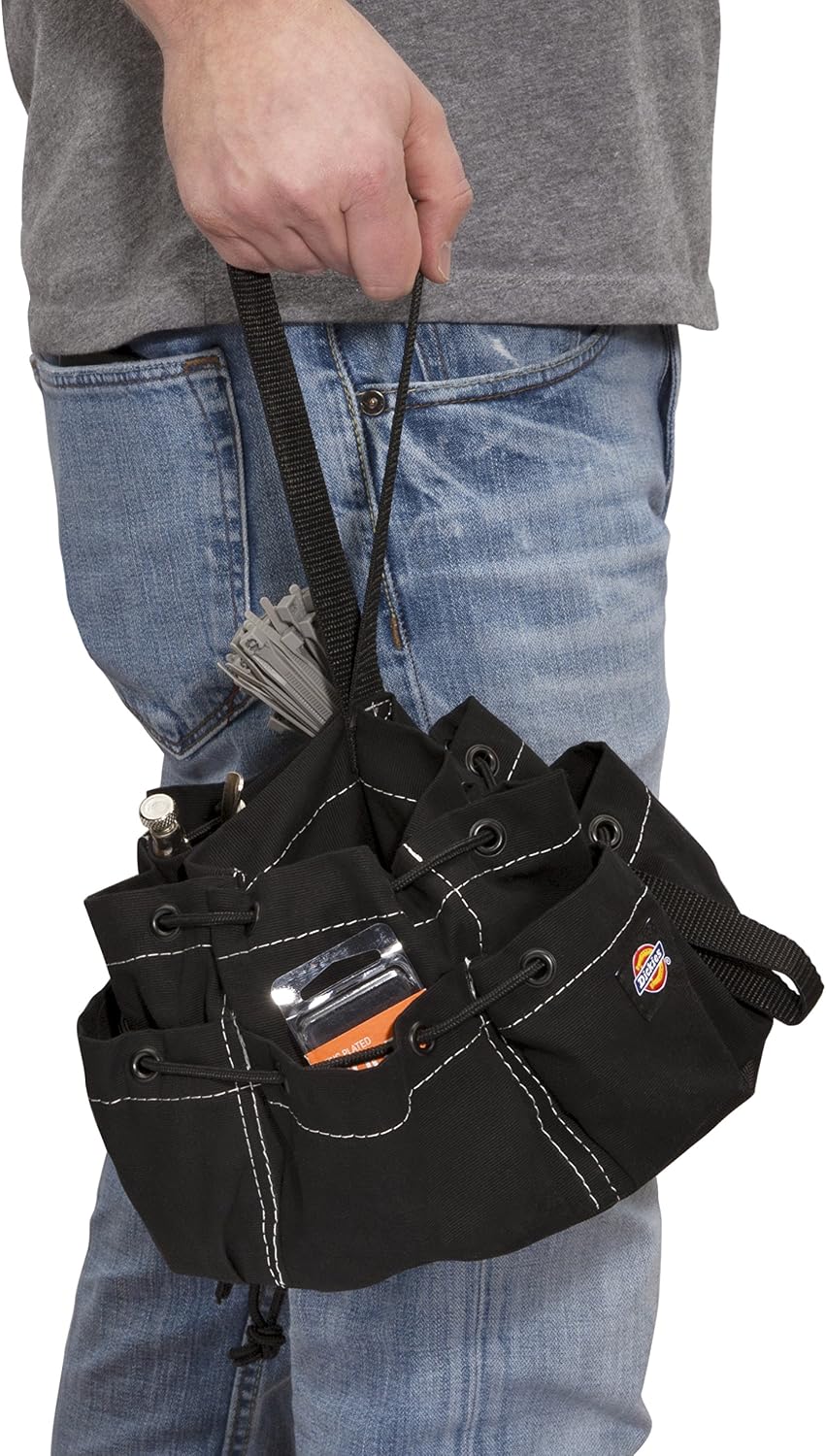Dickies 12-Pocket Drawstring Work/Tool Bag, Heavy-Duty Drawstrings for Quick-Closure, Snap-Secured Tape Strap, Durable Canvas Construction, Black