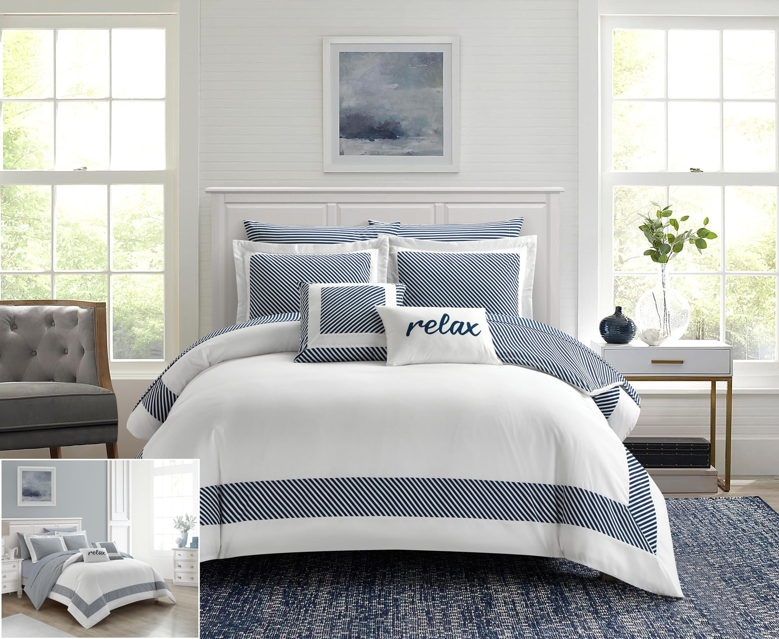 Chic Home Navy Bed in a Bag Comforter Set, Queen Size (9 Piece), Gibson - Striped Hotel Collection Design Bedding - Comforter, Pillow Shams, Flat and Fitted Sheet, Pillowcases & Decorative Pillows