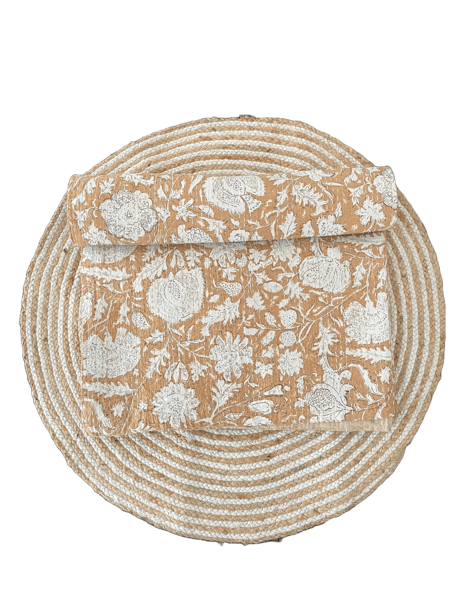 Hippie Floral Handblock Handmade Cotton Block Kantha Quilting Vintage Throw Blanket Hippie Queen/King Size Bohemian Bed Decor Quilt (Yellow, 108X108 inch with Pillow Cover)