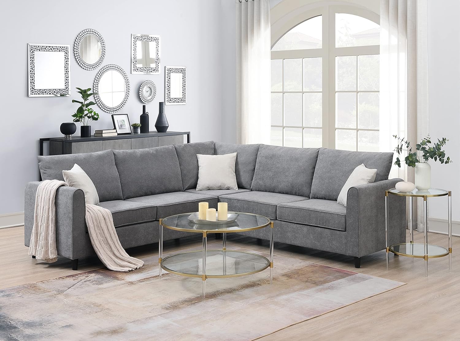 (incomplete)MOEO Living Room L Shape Sectional Sofa with 3 Pillows, 88" Modern Upholstered Fabric Corner Couch with for Home Furniture, Grey