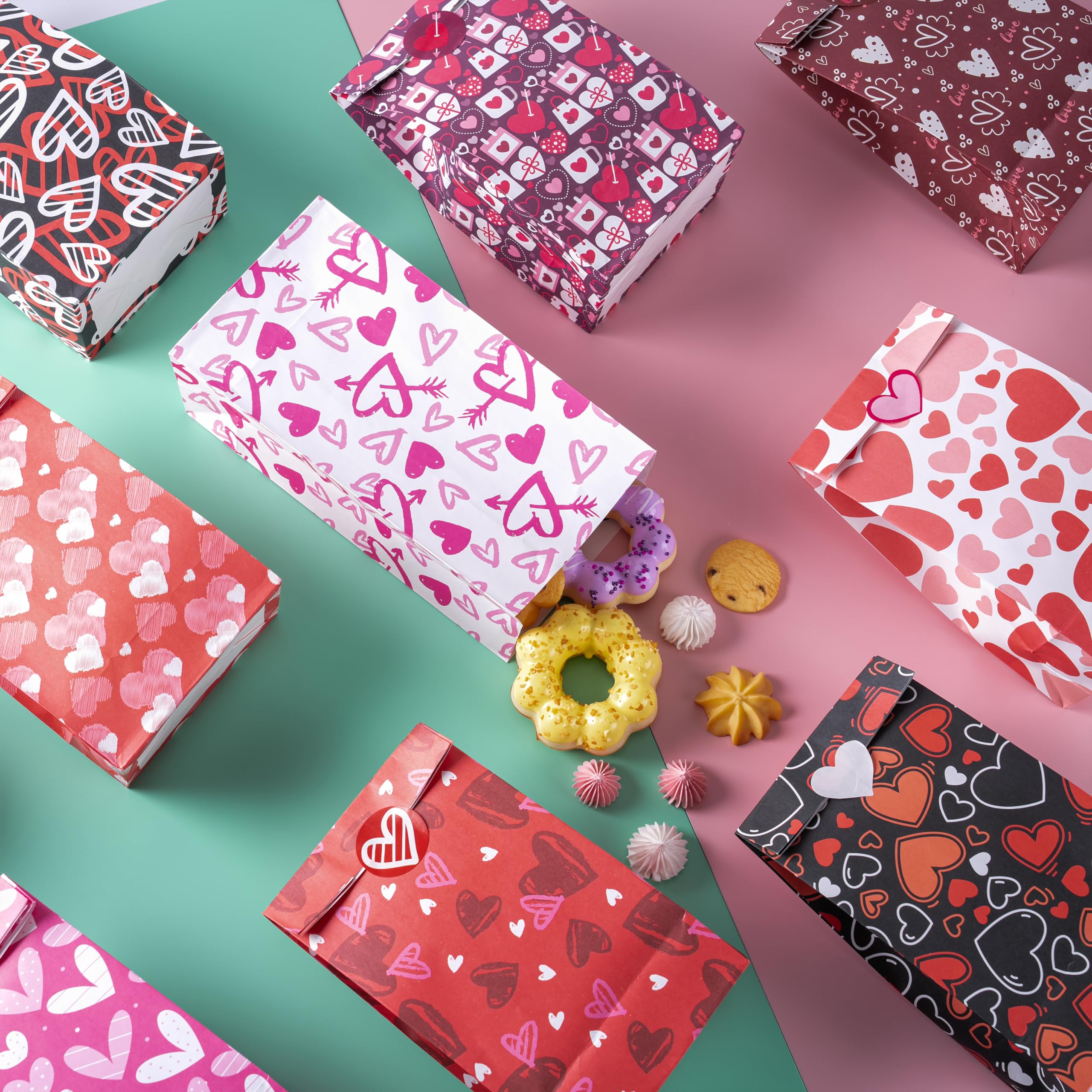 JOYIN 48 Pcs Valentine’s Day Paper Gift Bags, 9.5" Goodie Bags ,Treat Bag with Love Sticker for Valentine Party Favors Gifts, Wedding Gift ,Giving Gift Wrapping Birthday,Classroom Exchange Prizes